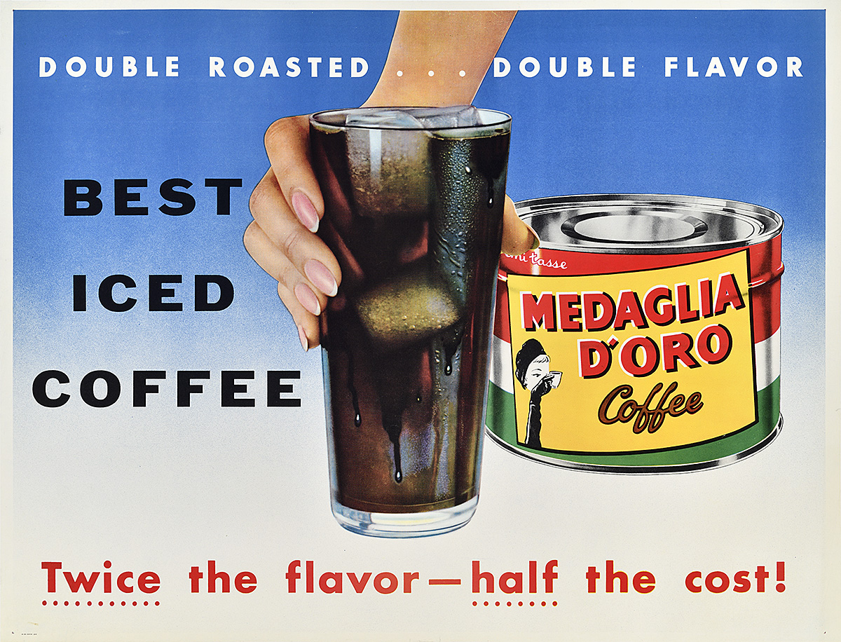 Photo-offset poster of a hand placing an iced coffee in front of a can.