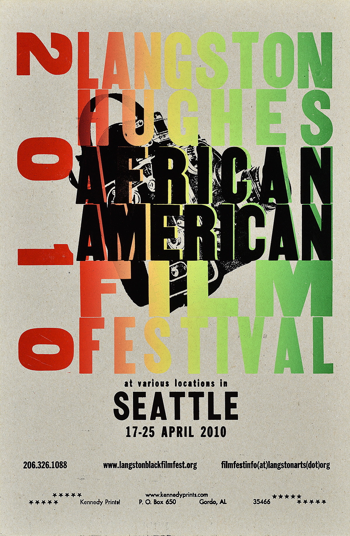 Letterpress poster of rainbow text over a film camera advertising an event.