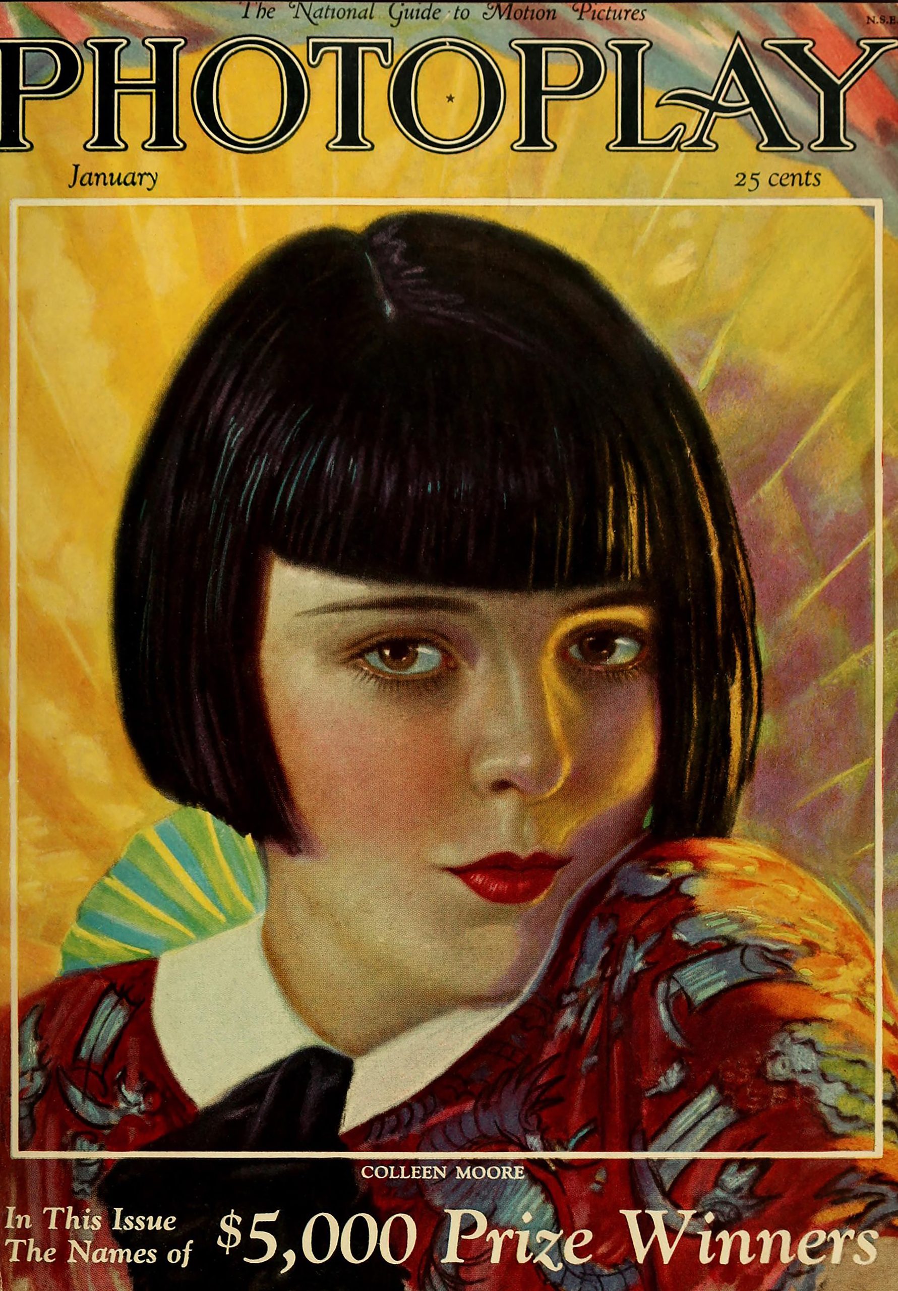An illustrated cover of Photoplay Magazine featuring a young actress with dark bobbed hair and red pursed lips.