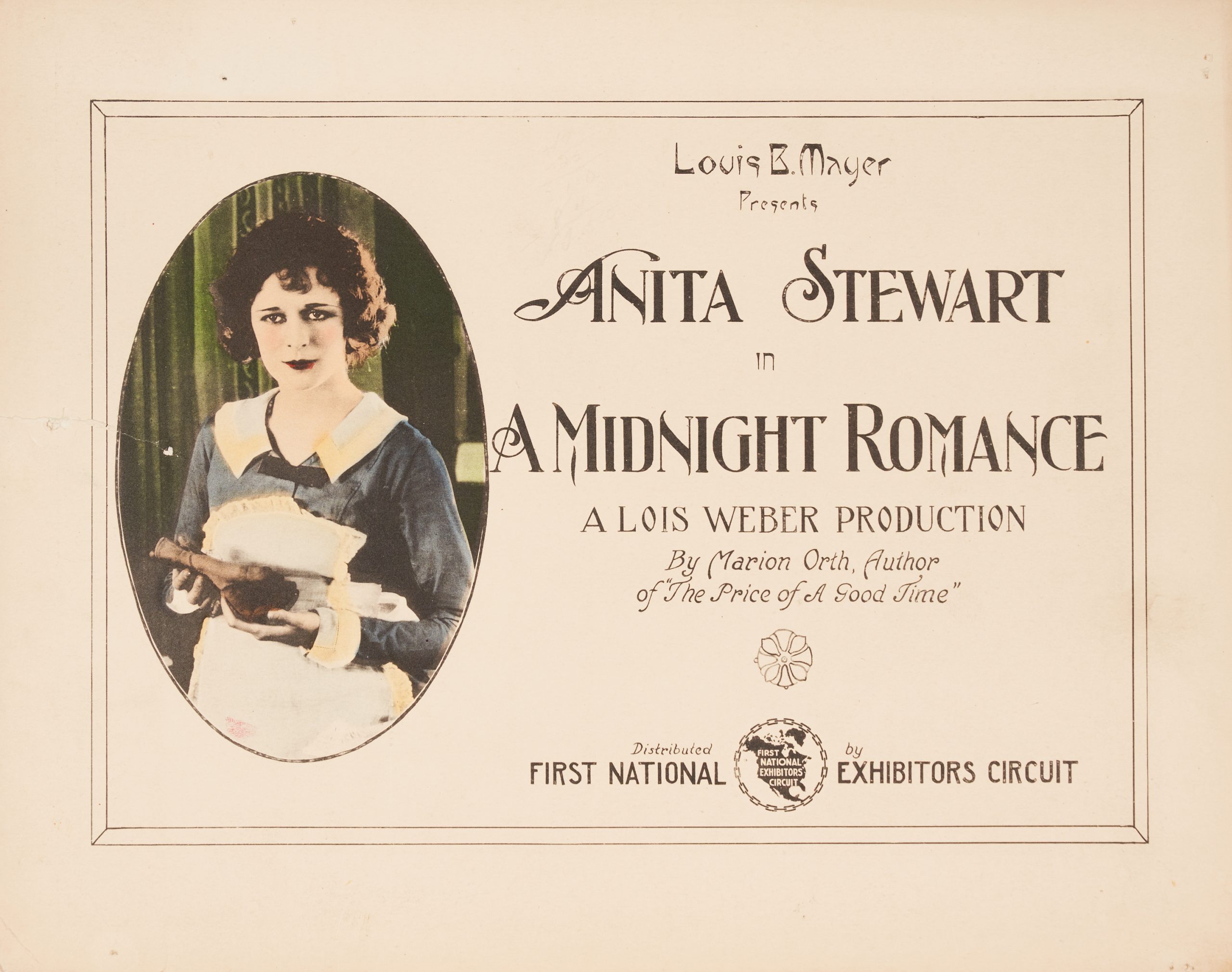 A lobby card featuring a colored-in oval portrait of the lead actress and details of the film.