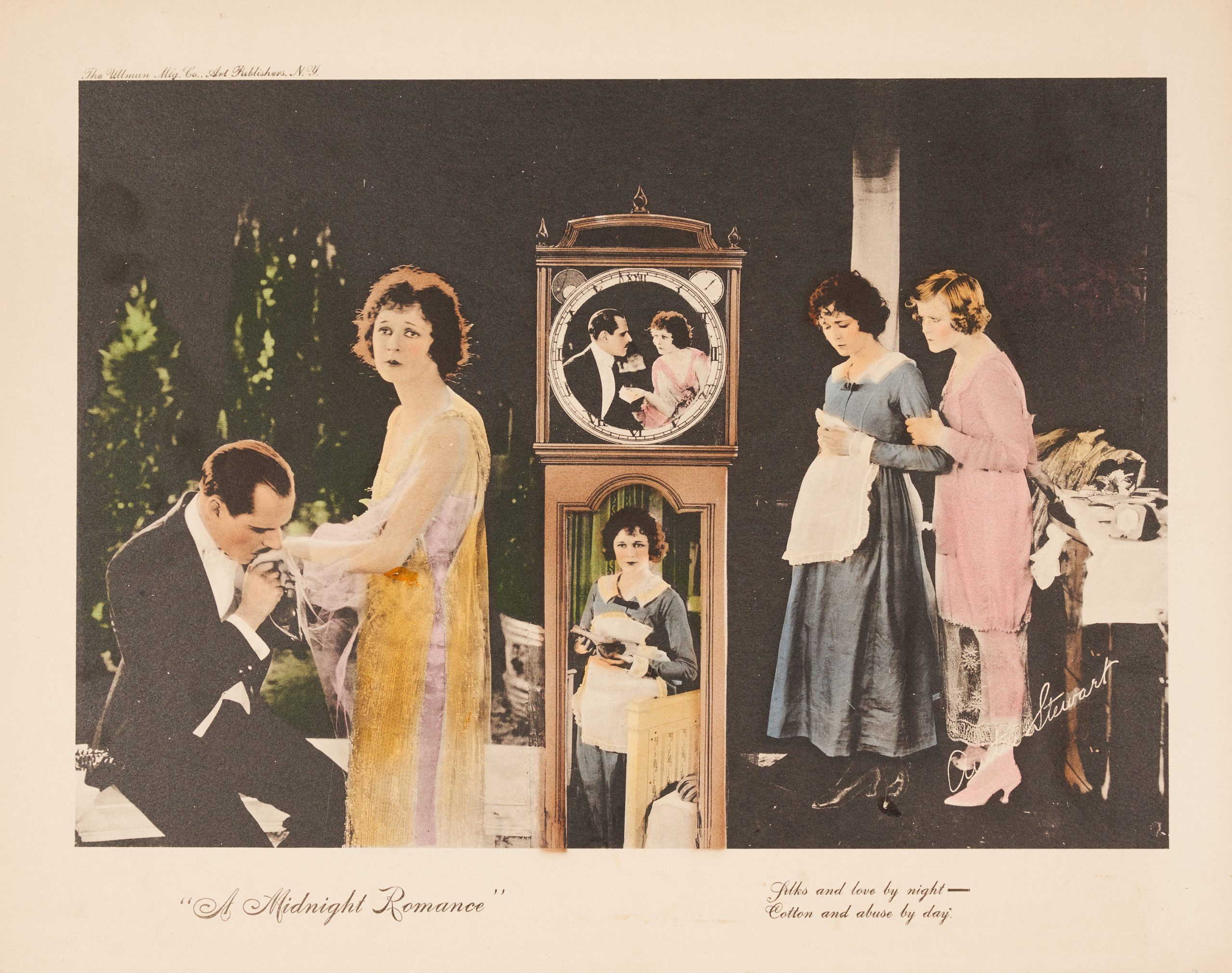 A colored-in lobby card featuring scenes from the film with a grandfather clock in the center.