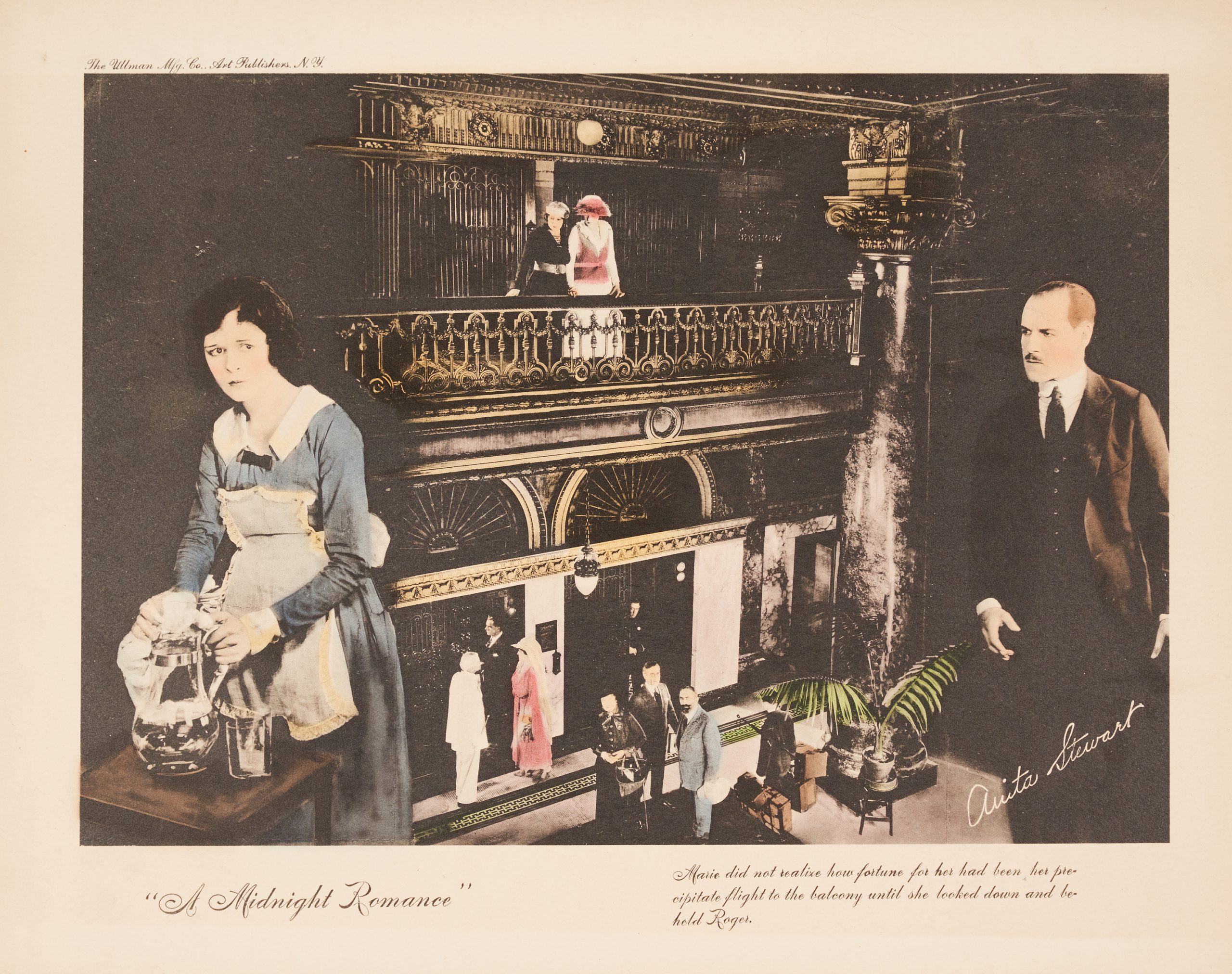 A lobby card with a maid looking worried as a man approaches her in a hotel.