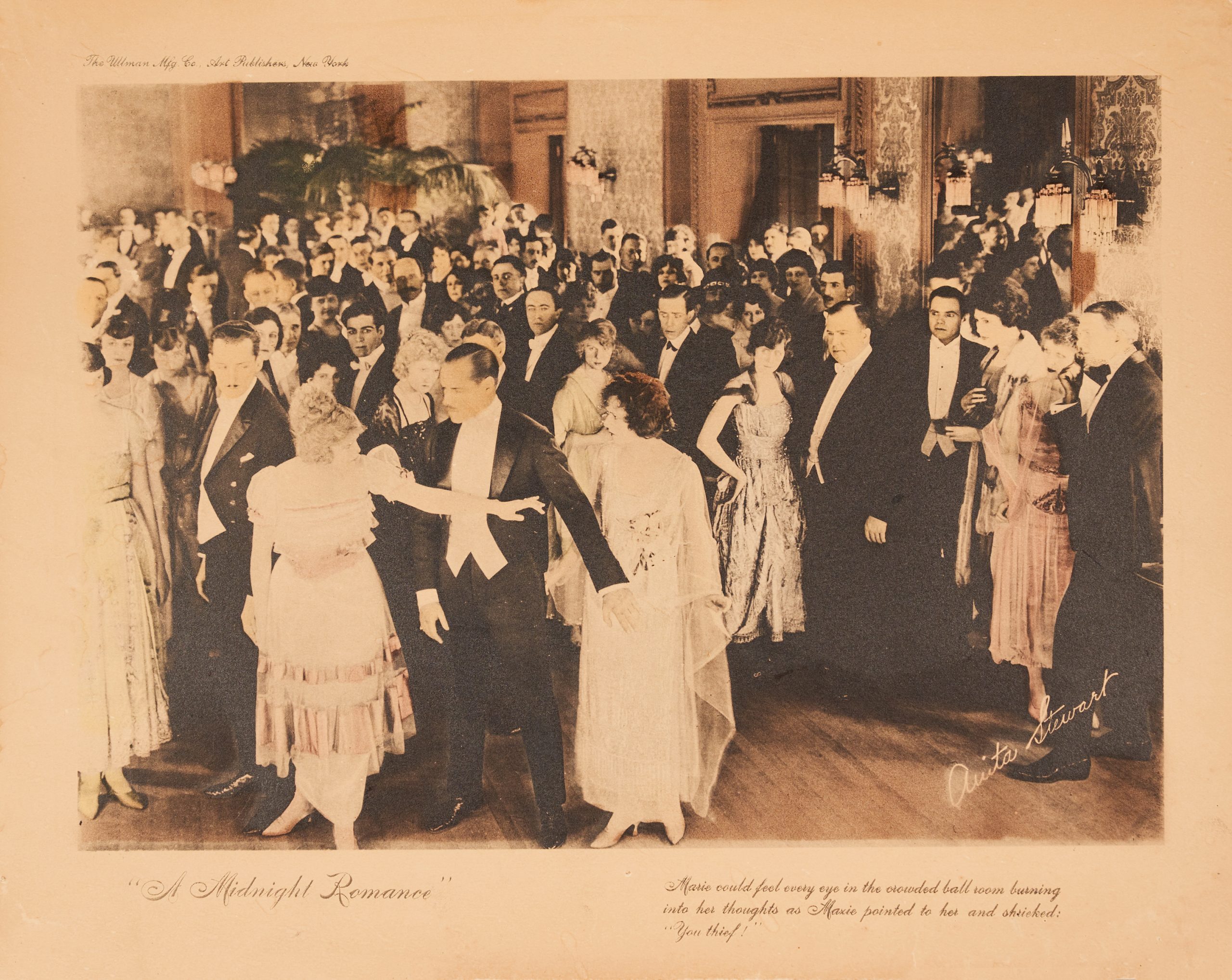 A lobby card featuring a crowded party scene with a man flanked by two women at the center.