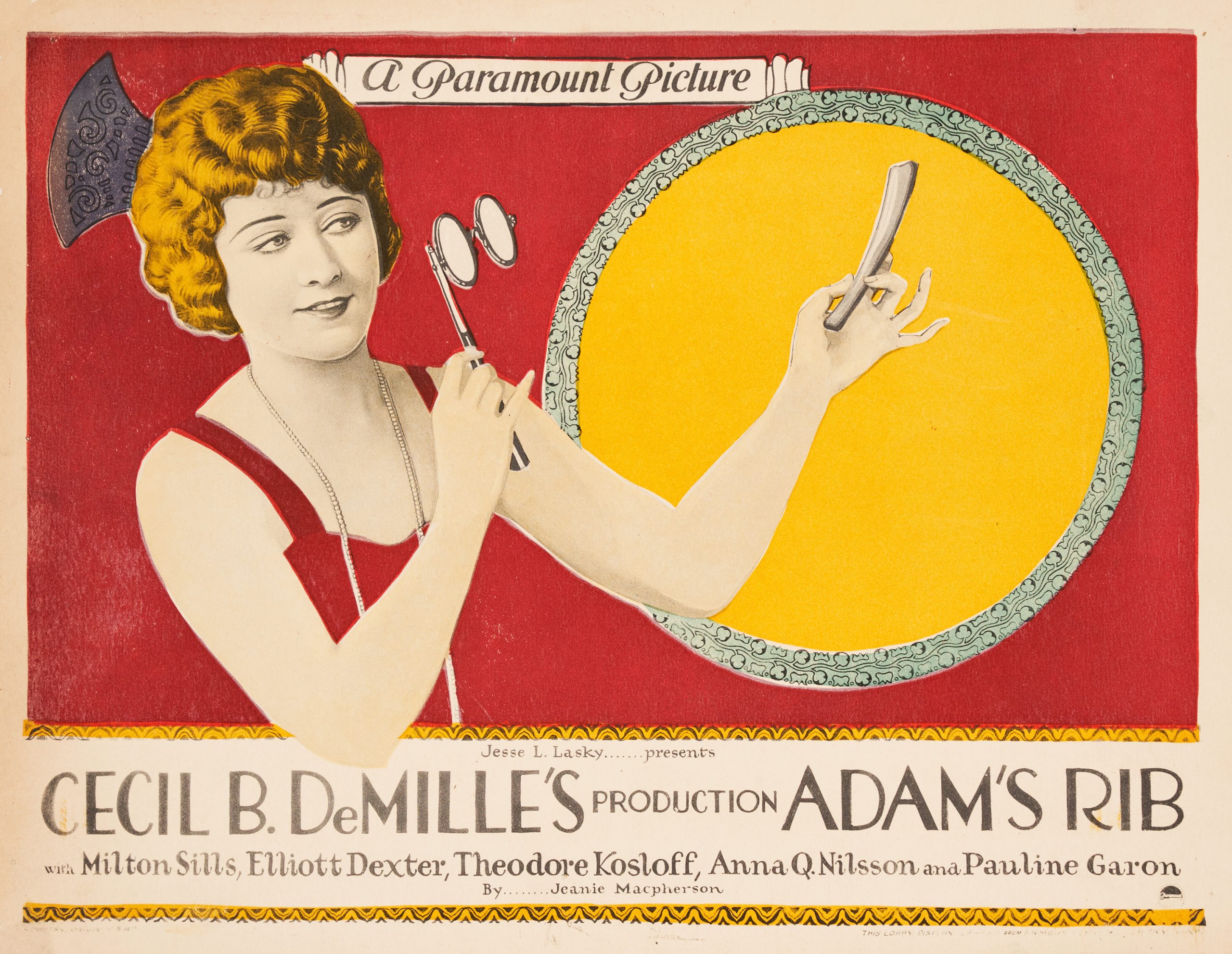 An illustrated lobby card showing a woman using glasses to look at a rib bone held at arm's length.