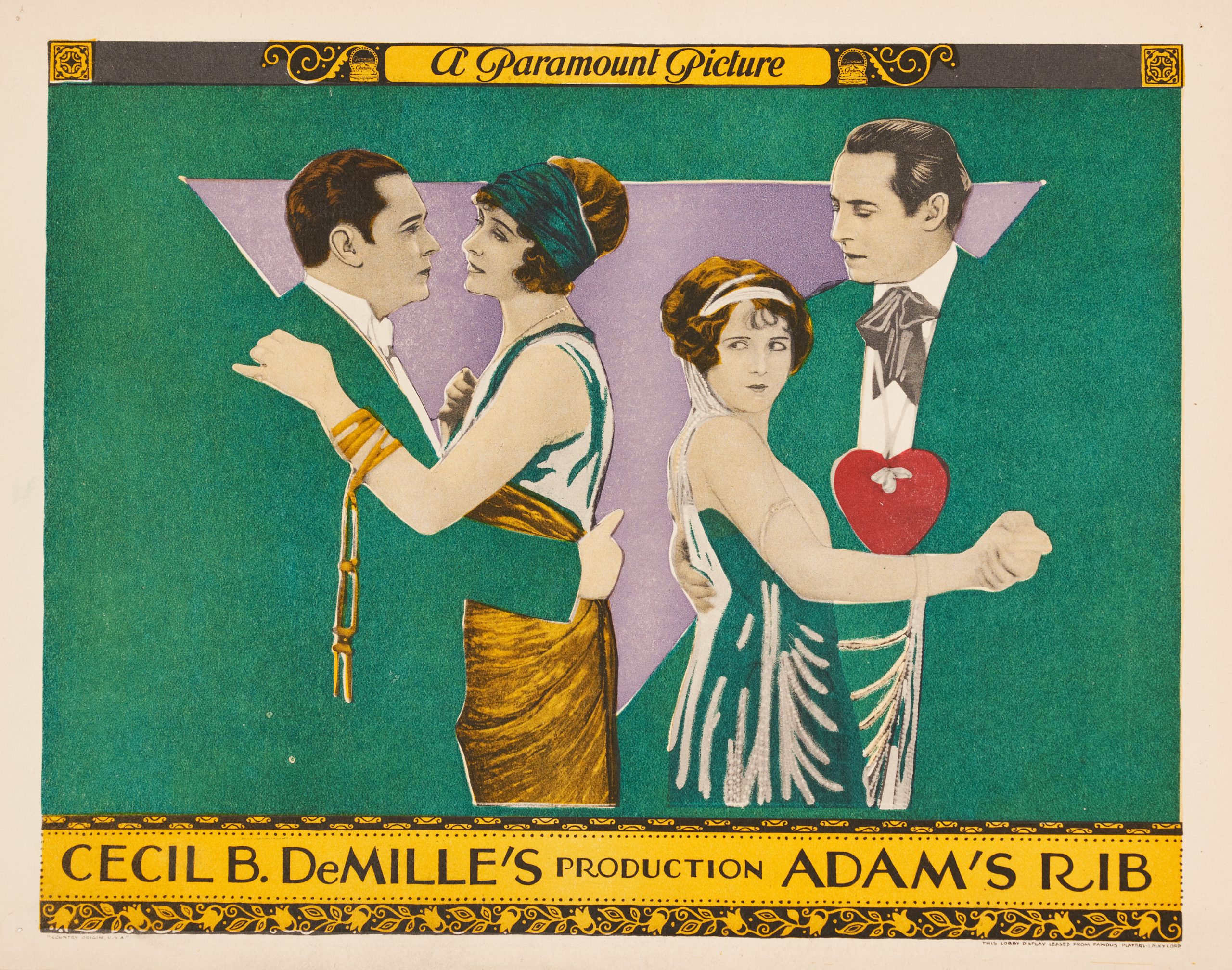 An illustrated lobby card showing two couples dancing. One woman looks over her shoulder at the other couple suspiciously.