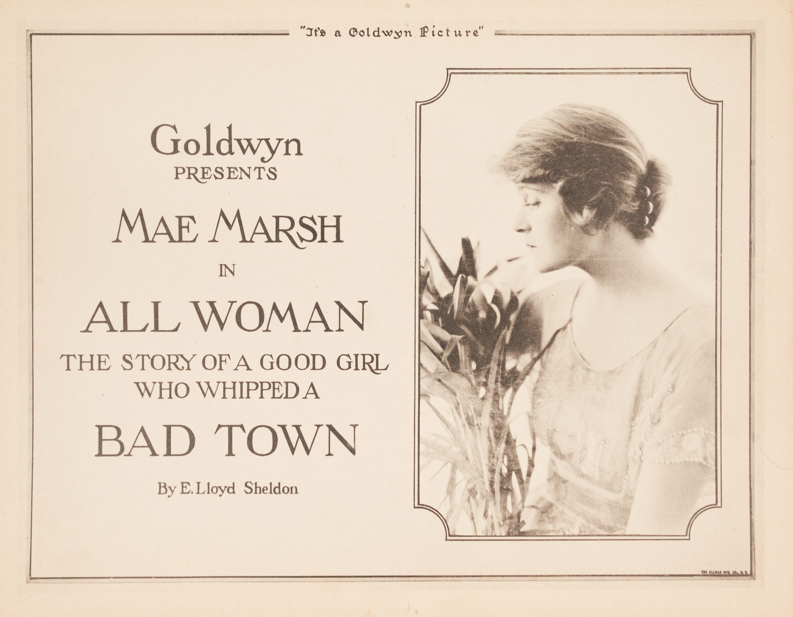 A lobby card with details of the film and a portrait of the lead actress holding flowers.
