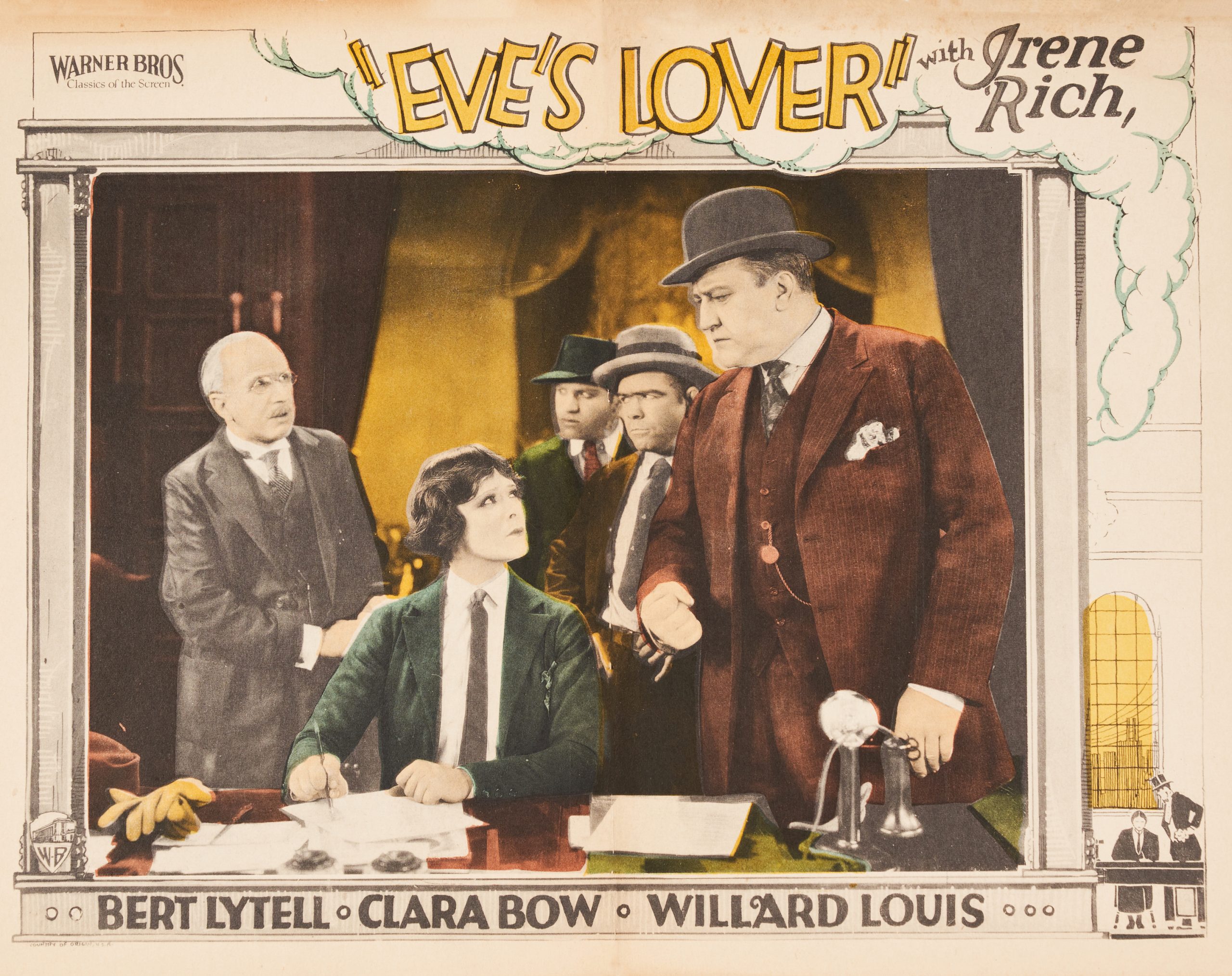 Colored-in lobby card showing a woman at a desk surrounded by four men asking her to sign paperwork.