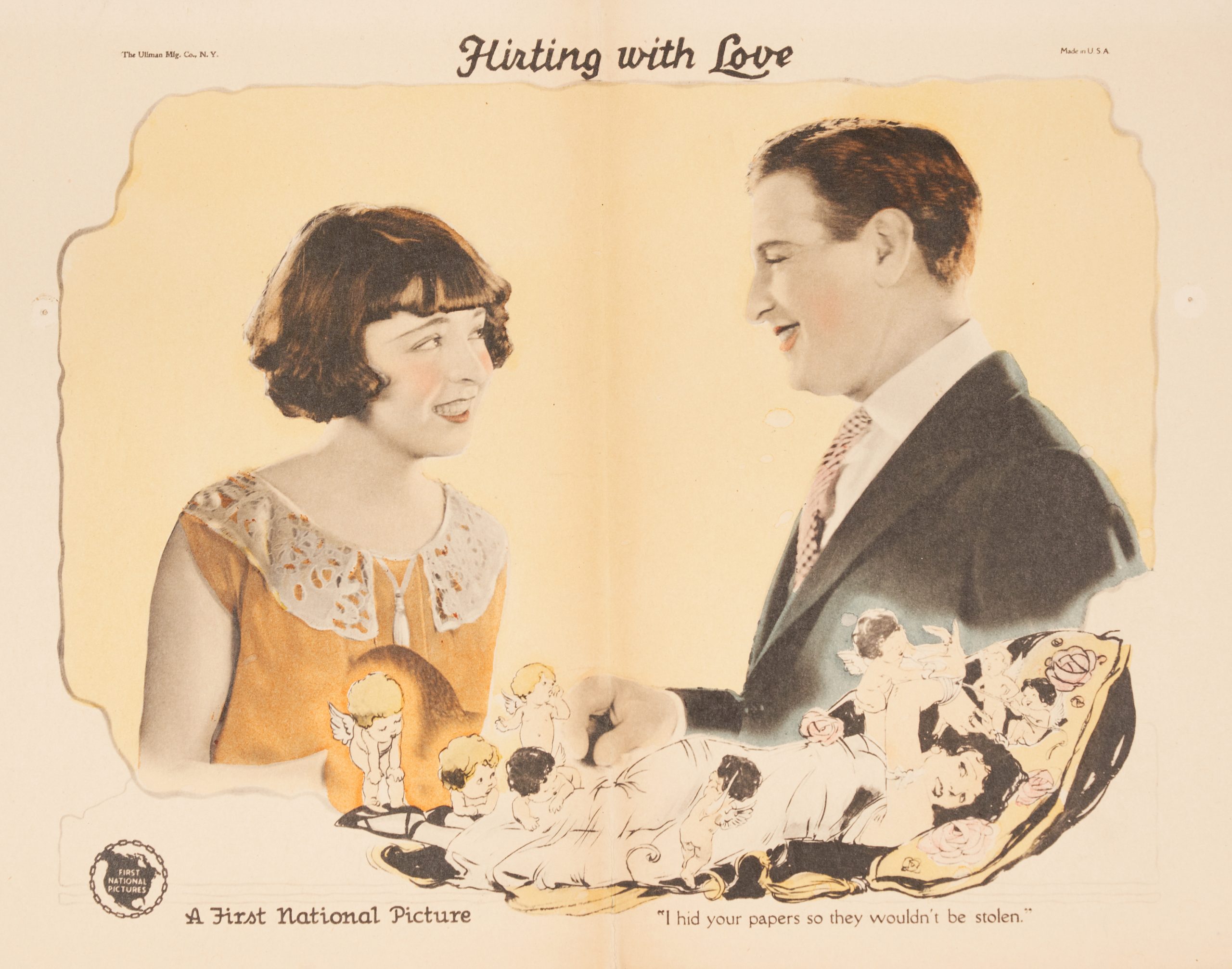 A colored-in lobby card featuring a man and woman smiling and looking at each other endearingly.