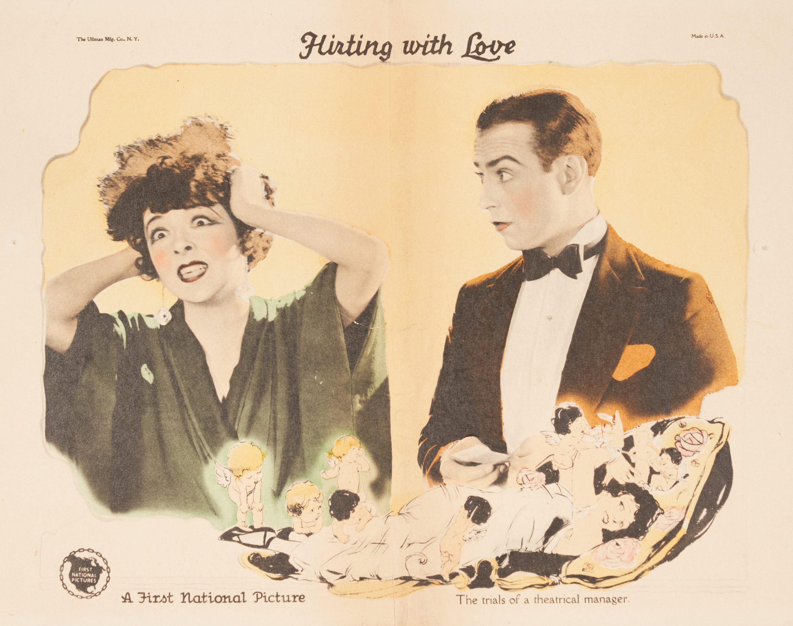 A colored-in lobby card showing a perplexed man and an exasperted woman with her hands in her hair.