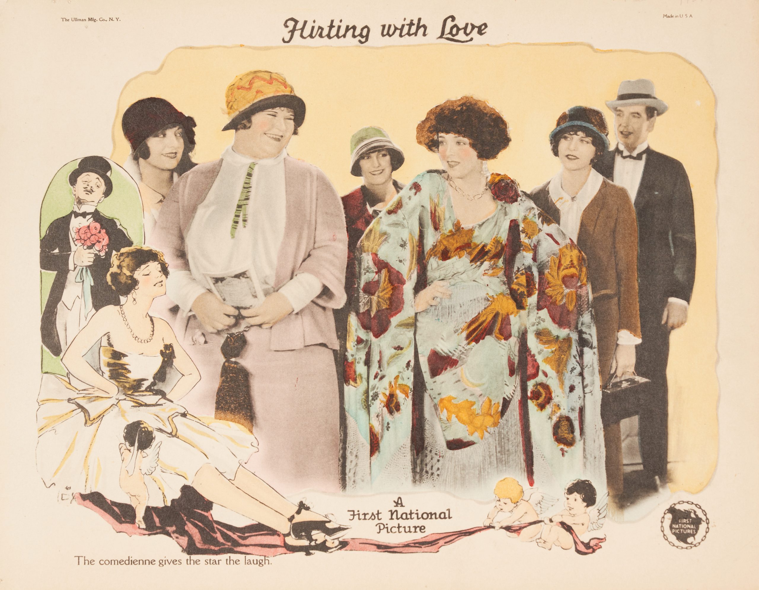 A colored-in lobby card featuring the female lead in an elegant dress surrounded by a group of people.