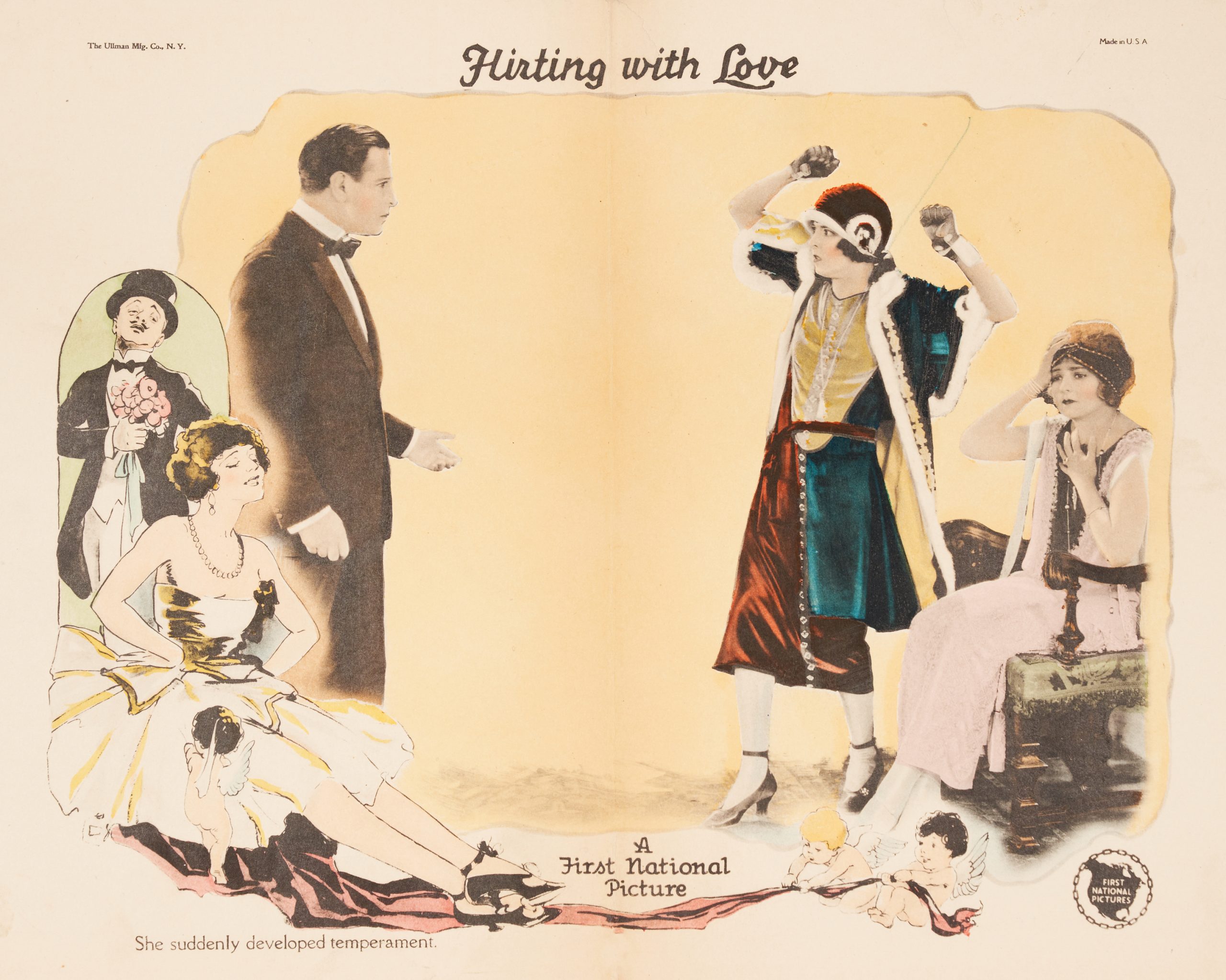 A colored-in lobby card of an acting scene featuring a man and woman arguing.