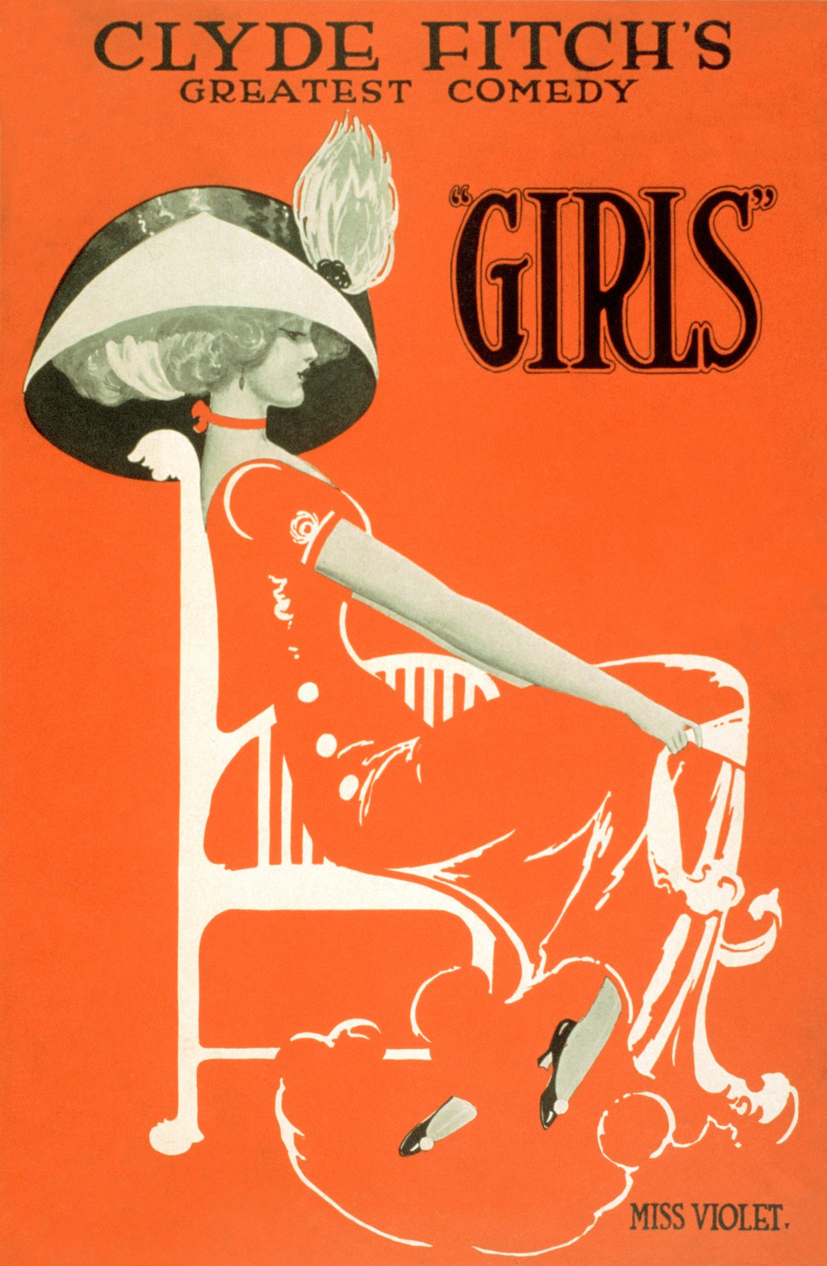 A red, white, and black theatrical poster featuring an illustration of a stylish woman in a chair.