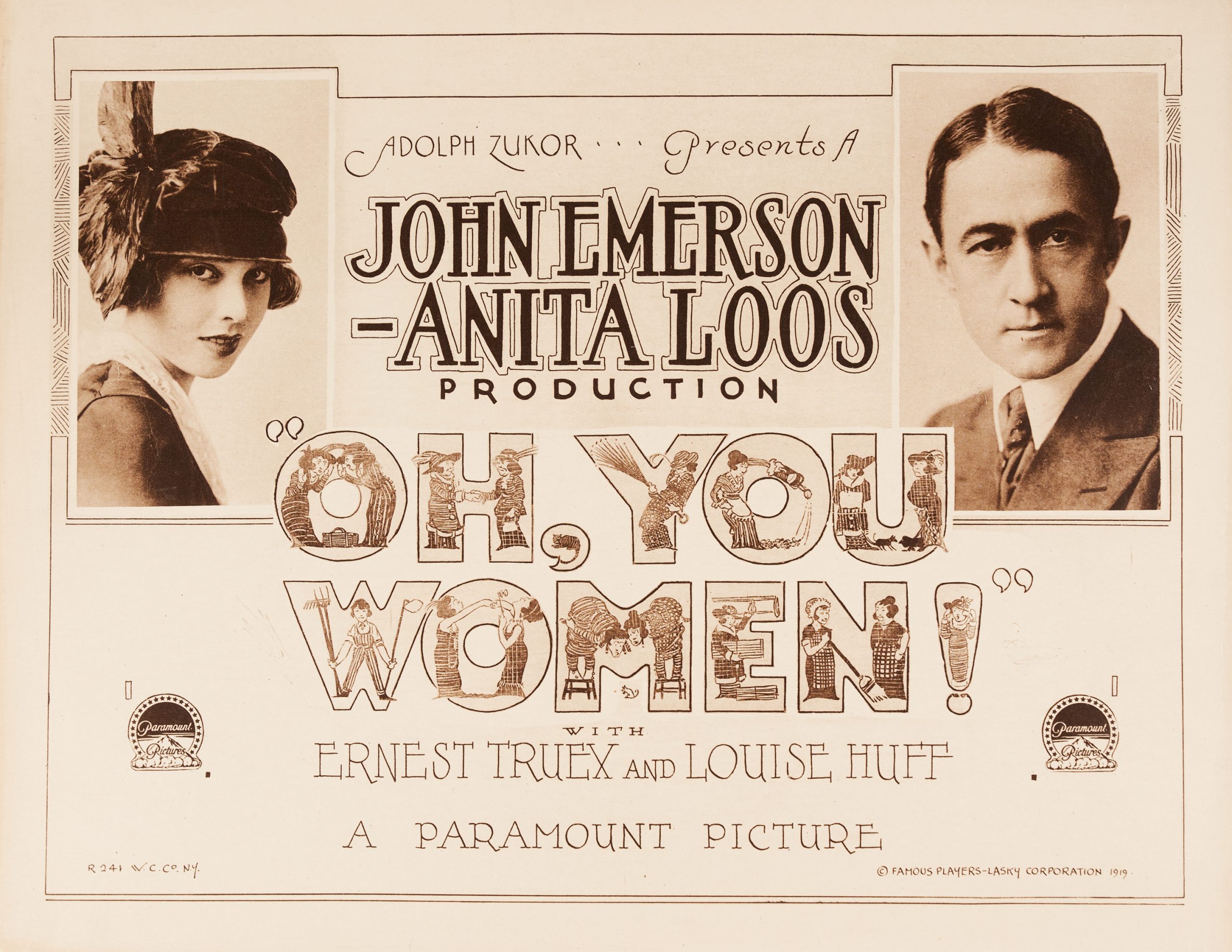 Lobby card featuring photos of the lead actors and details of the film, including its writers and producers.