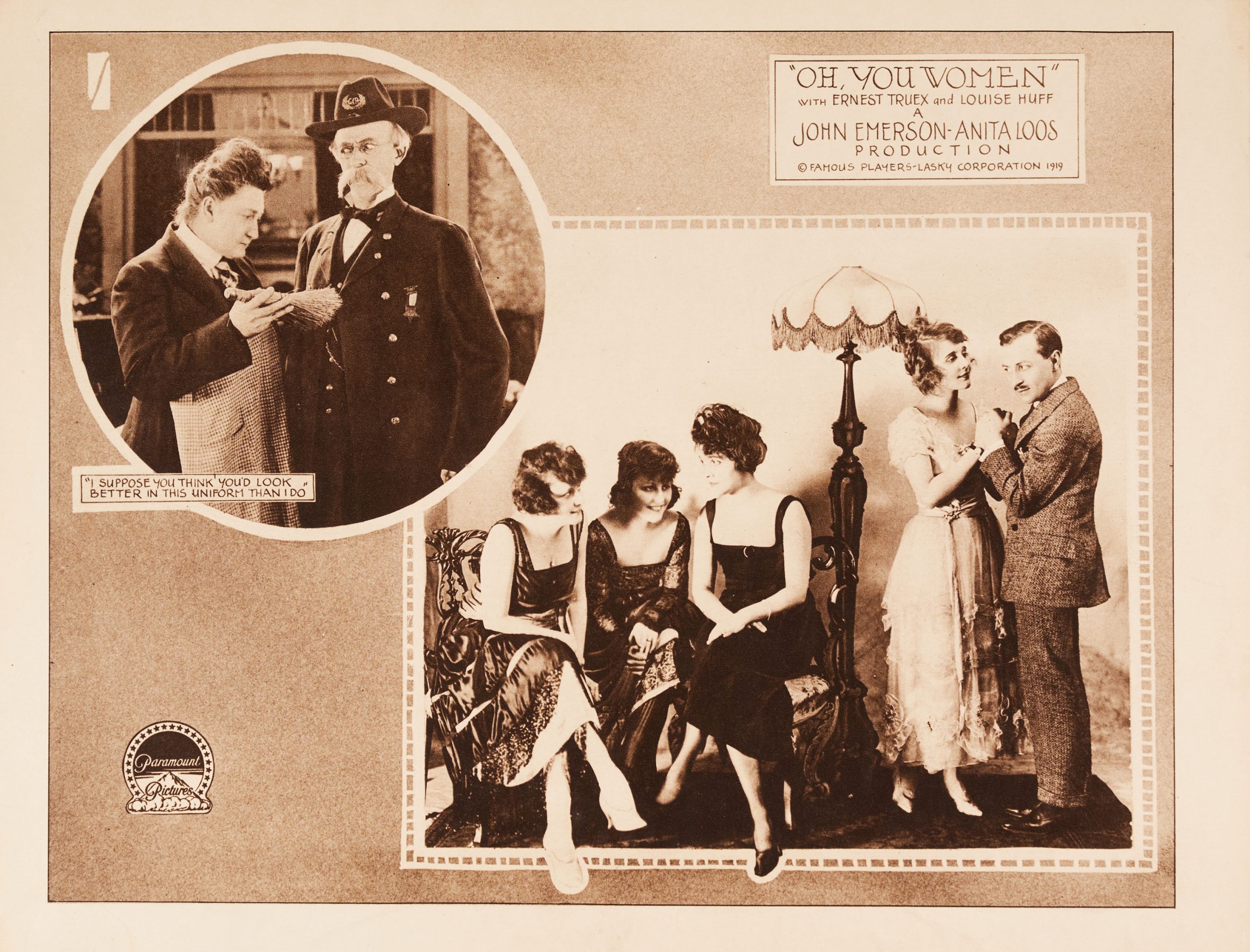 A lobby card featuring two vignettes of male characters looking suspiciously at the female characters.