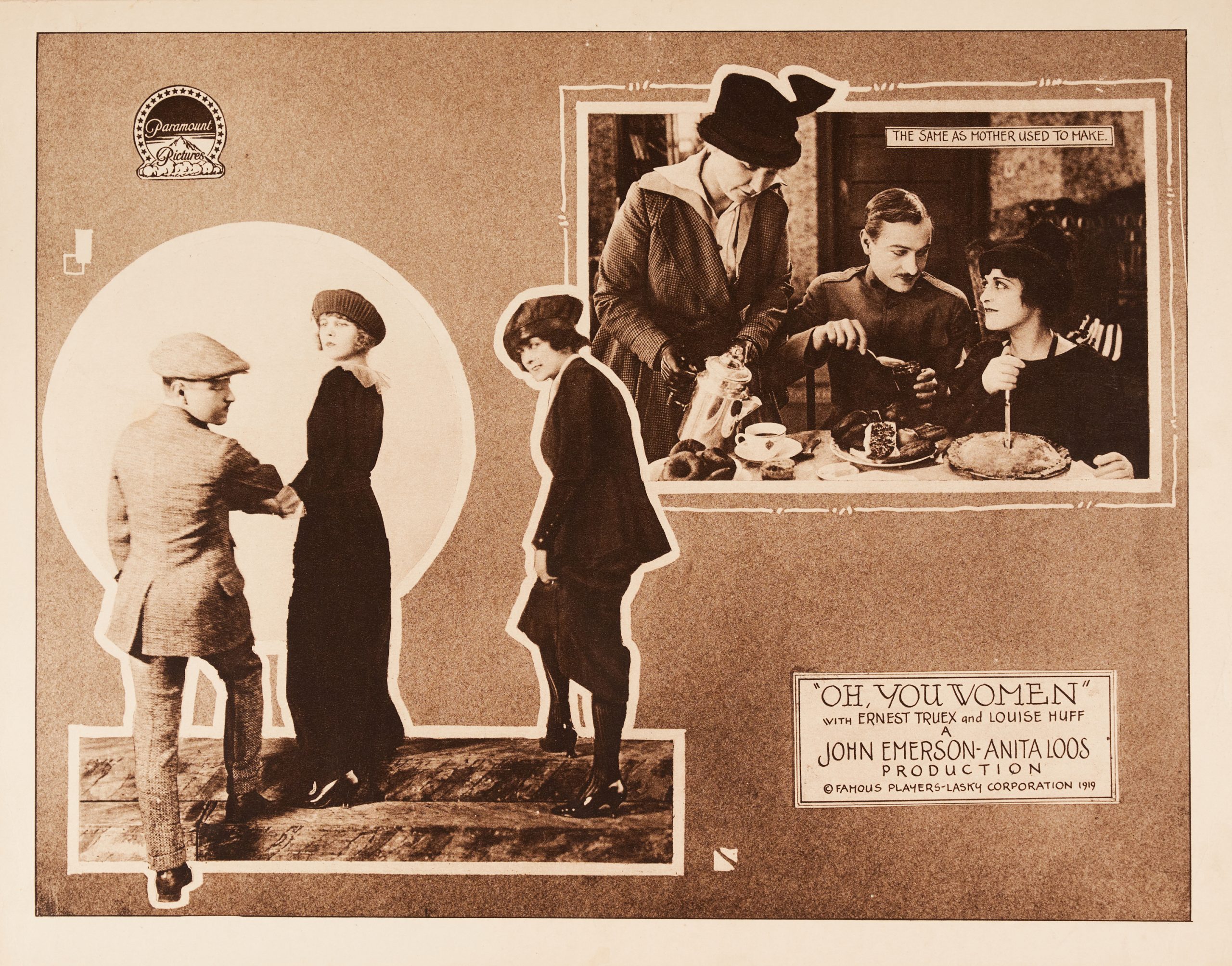 A lobby card of a man with his arms wrapped around 4 women's shoulders. A couple hold hands in an inset.