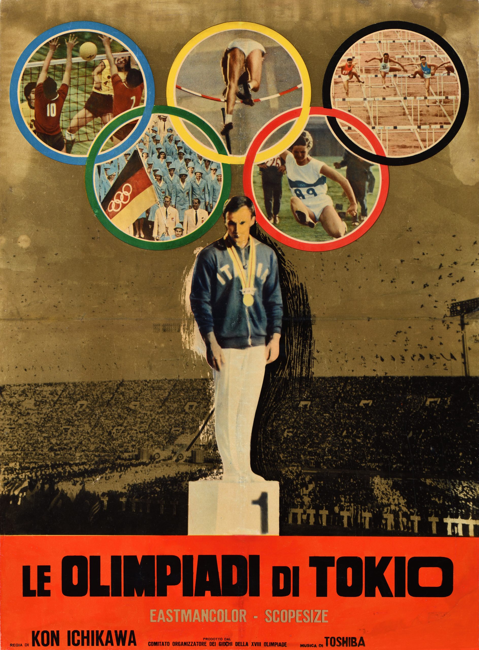 A photo-offset poster with a man standing on a 1st place podium with the Olympic rings above him.
