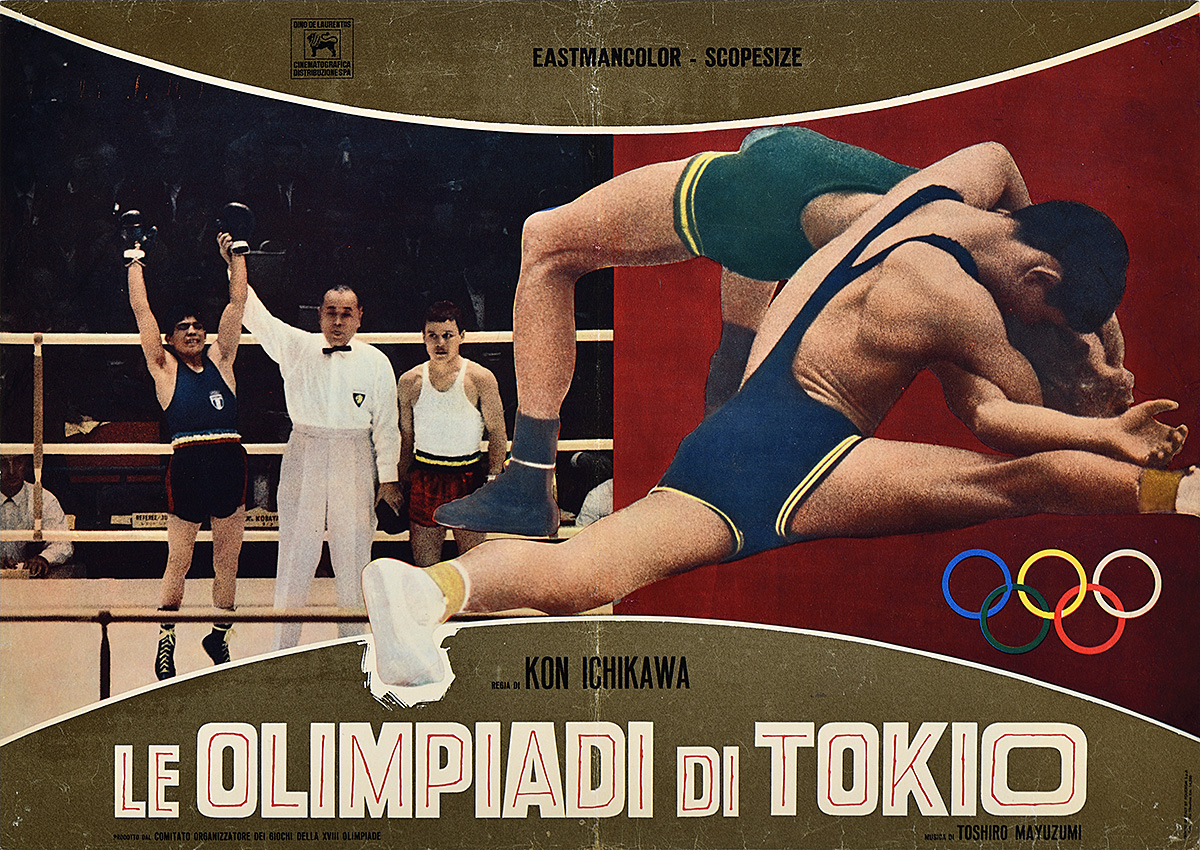 A photo-offset poster with a wrestler being declared the winner and two wrestlers in action.