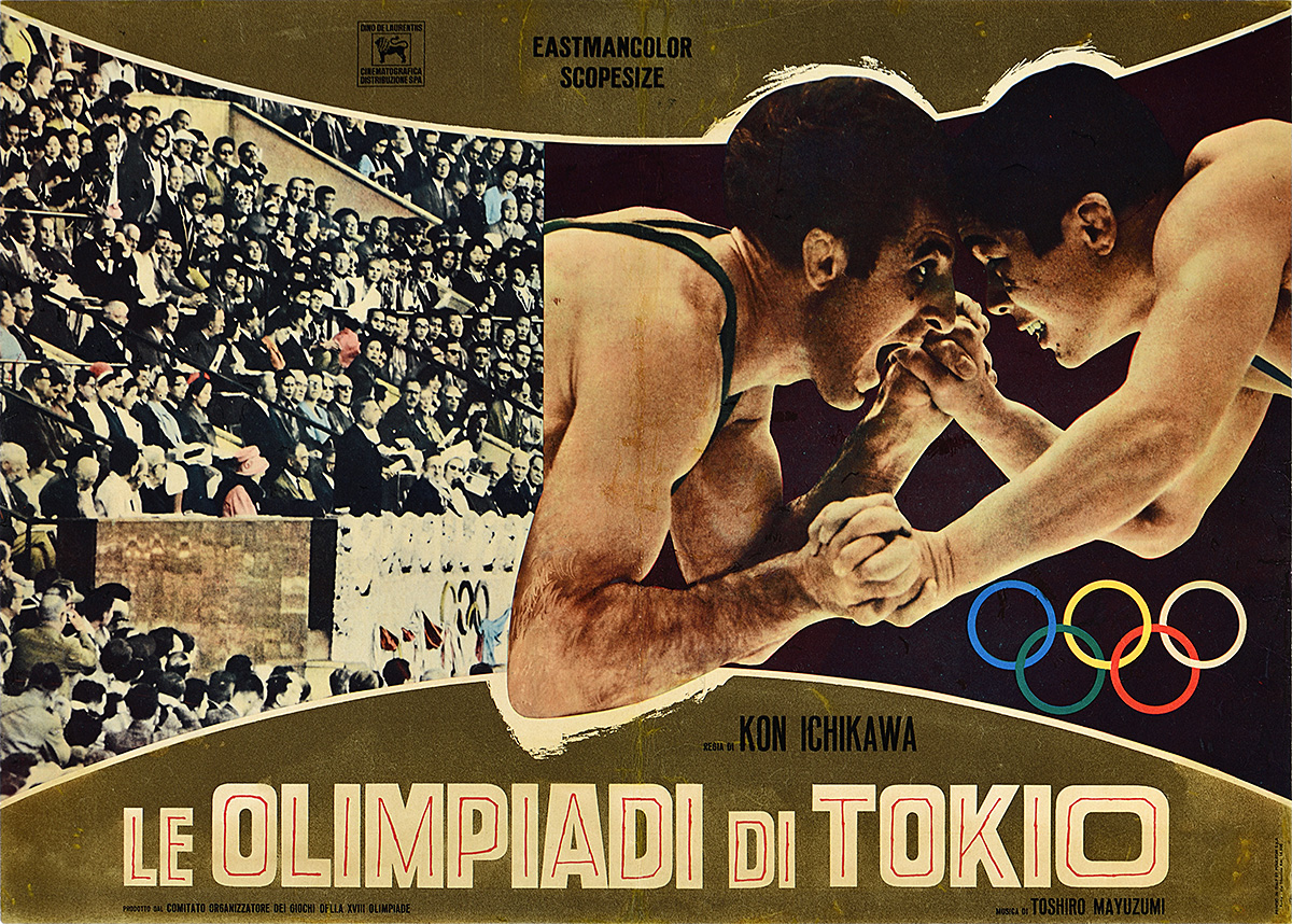 A photo-offset poster showing a crowd of spectators on the left and two men wrestling on the right.