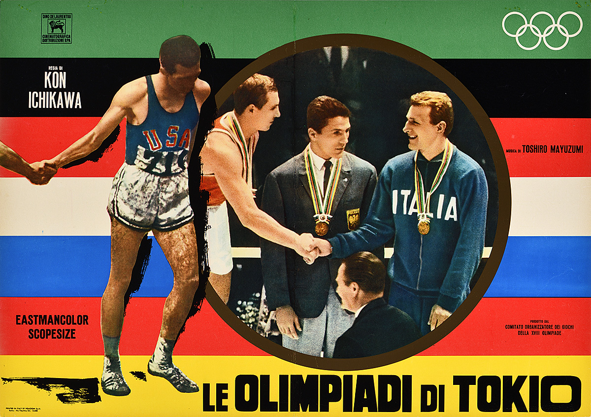 A photo-offset poster showing a tired runner and a vignette of three Olympians in medals shaking hands.