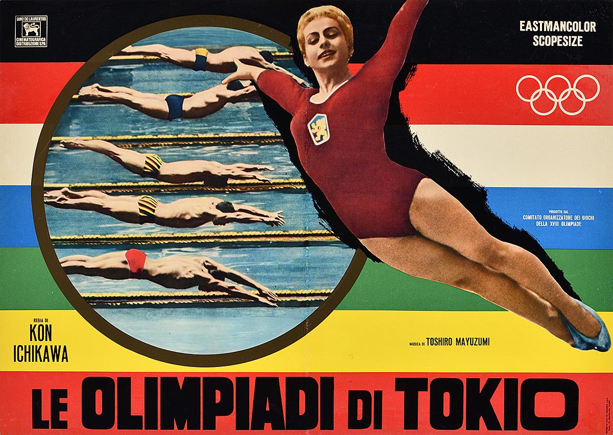 A photo-offset poster showing a leaping female gymnast and rows of swimmers in the Olympic pool.