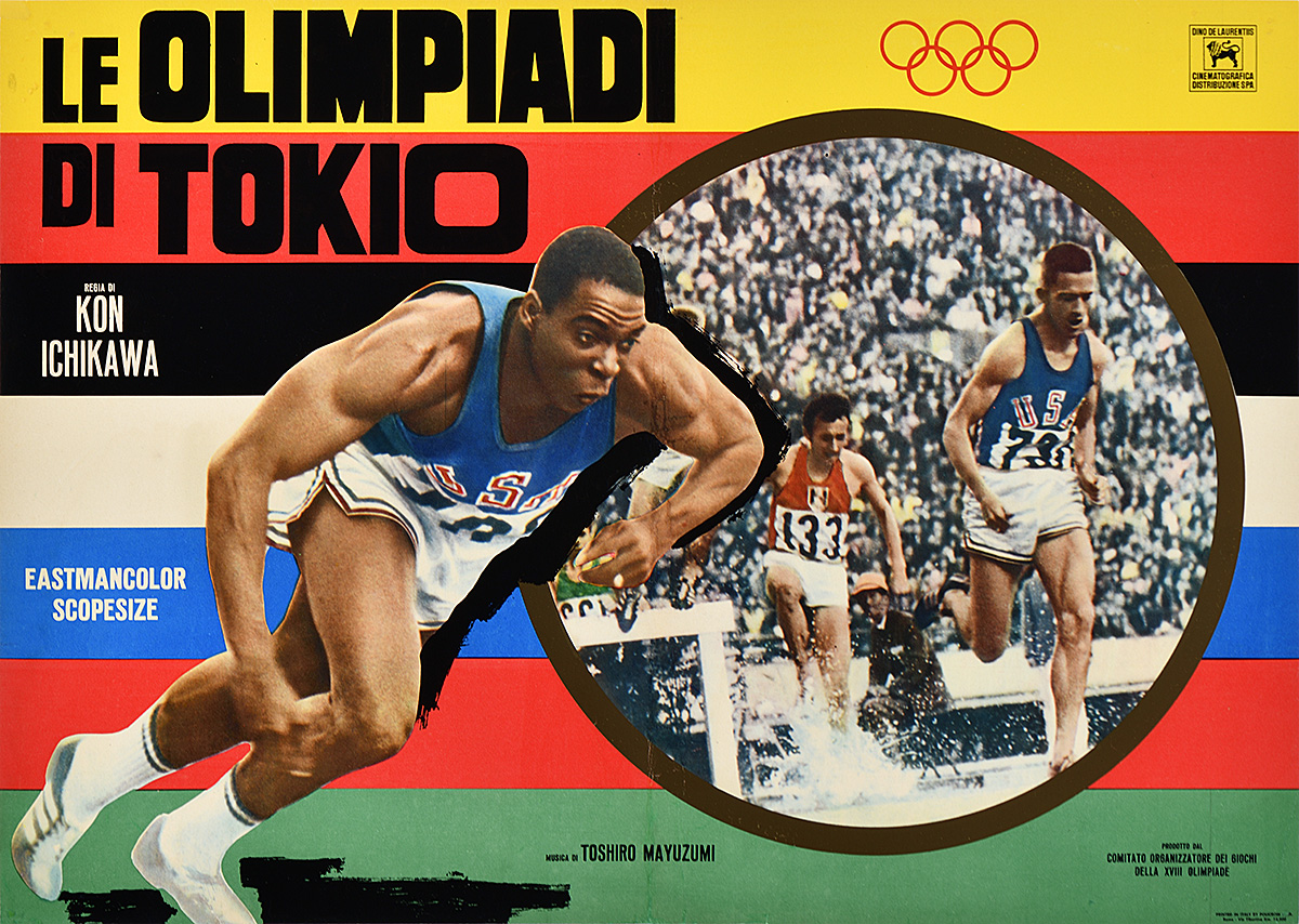 A photo-offset poster featuring a male Olympic runner mid-stride and an inset of two other runners.