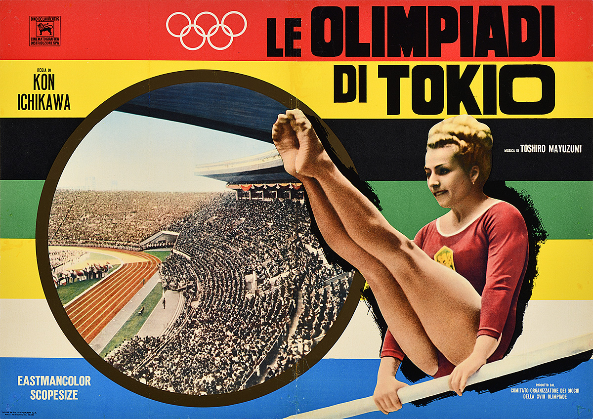 A photo-offset poster with a female gymnast on a horizontal bar. An inset shows a crowd of spectators.