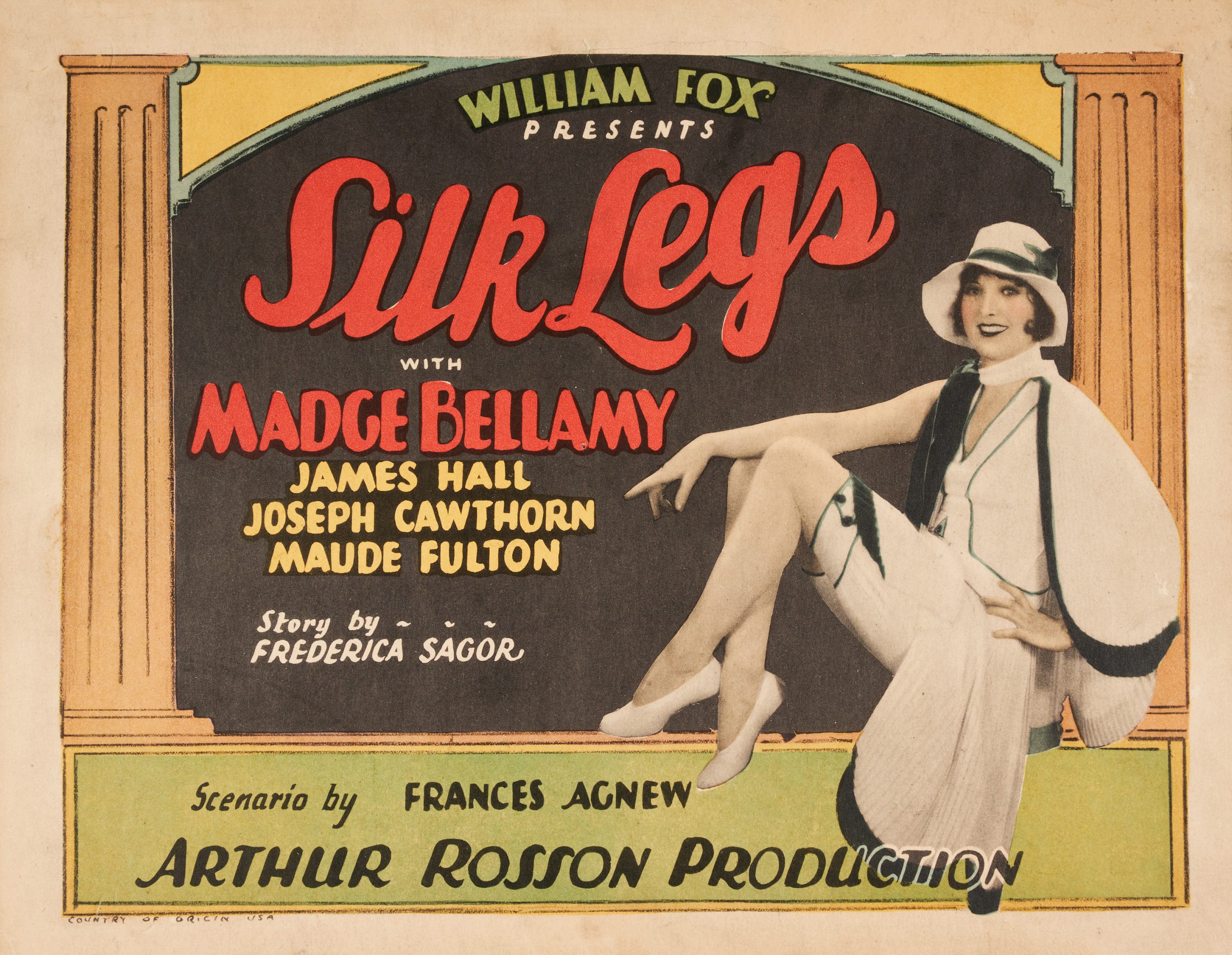 A lobby card with a stylish woman showing off her legs amid illustrations and large red typography.