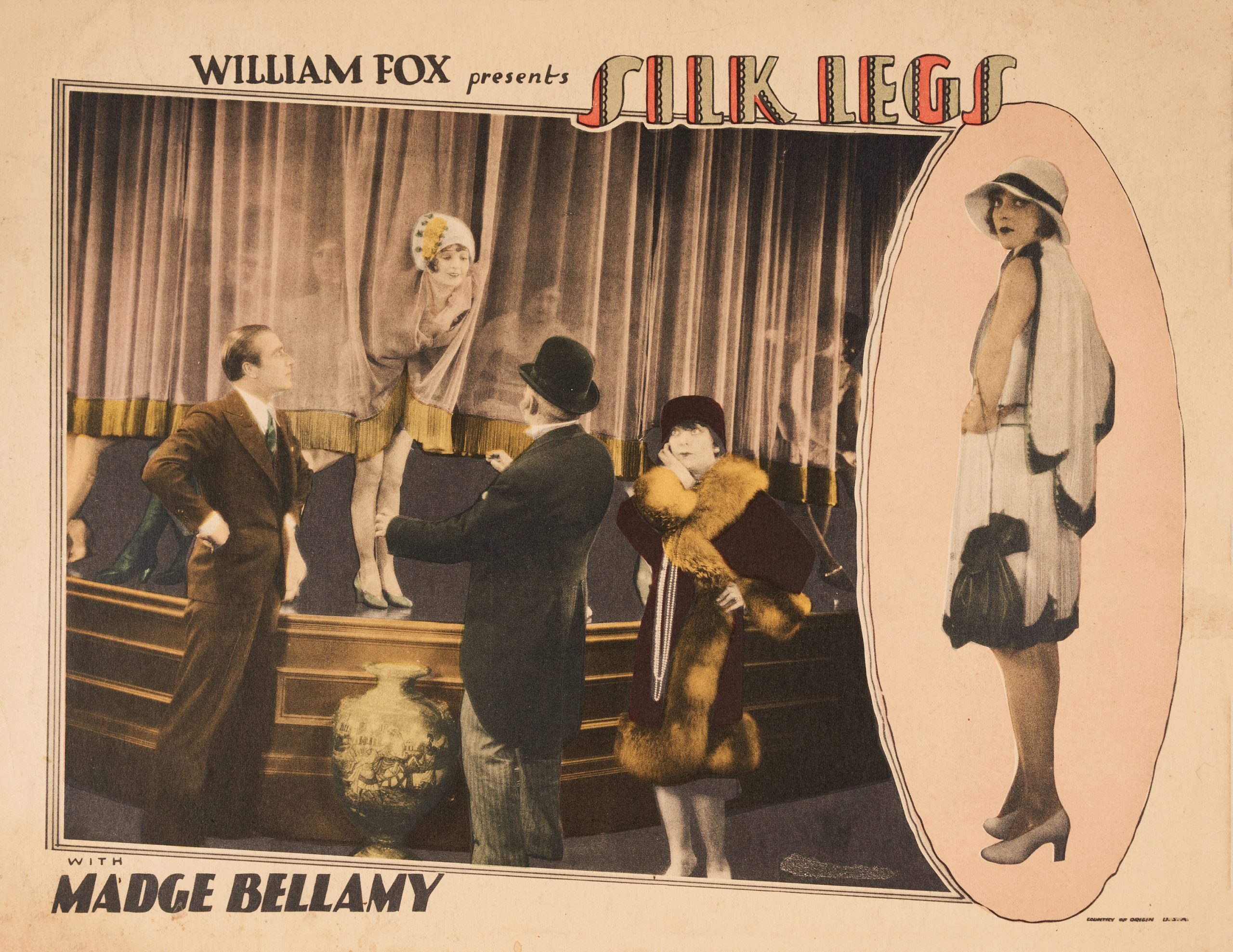 A lobby card showing a film scene next to a woman modeling her fashions inside a pink oval.