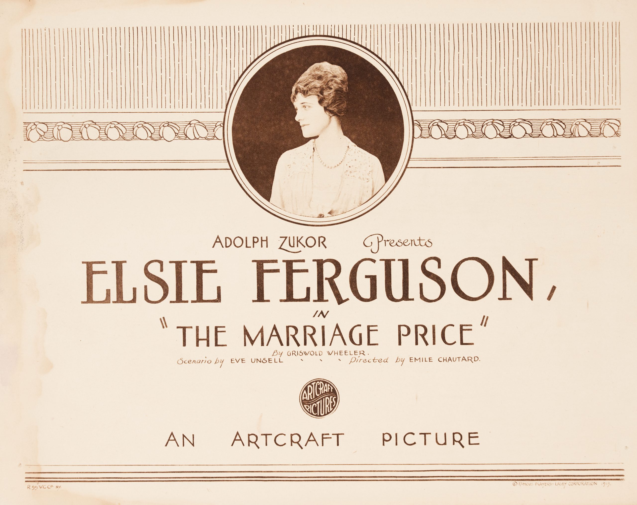 A sepia-toned lobby title card with a circular portrait of the lead actress and details of the film.