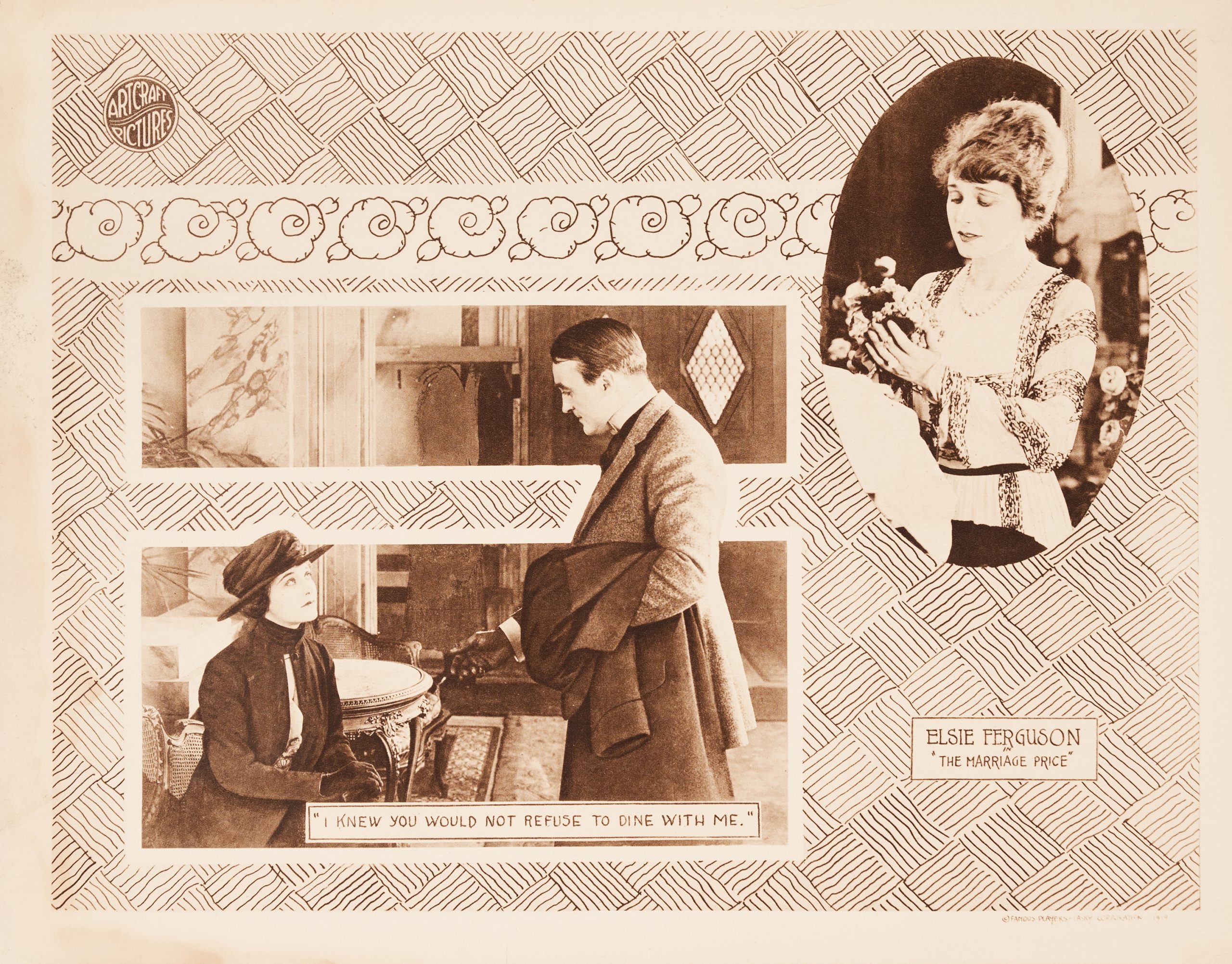 A sepia-toned lobby card featuring two film scenes amid decorative cross hatch and floral motifs.