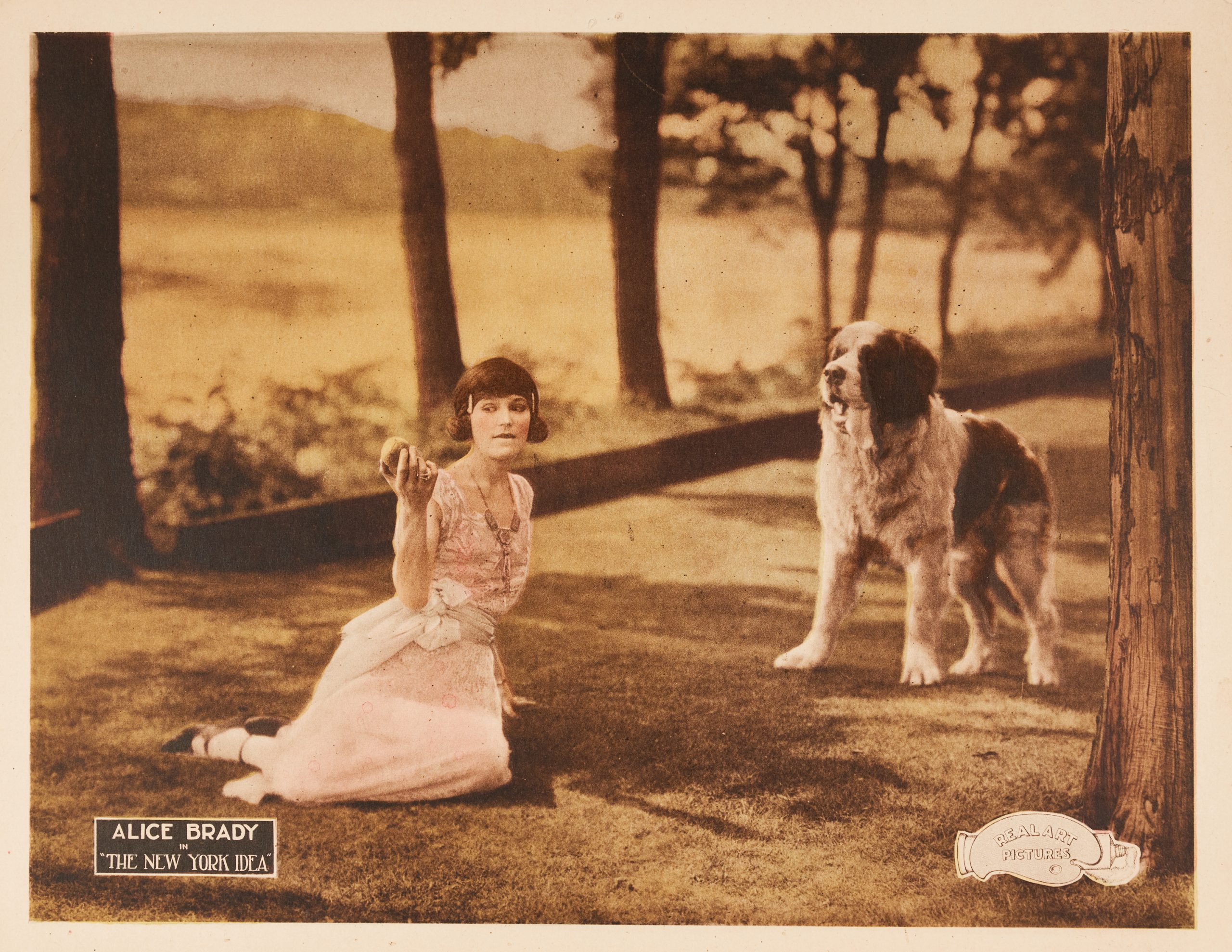 A lobby card featuring a woman sitting in the grass with a dog.