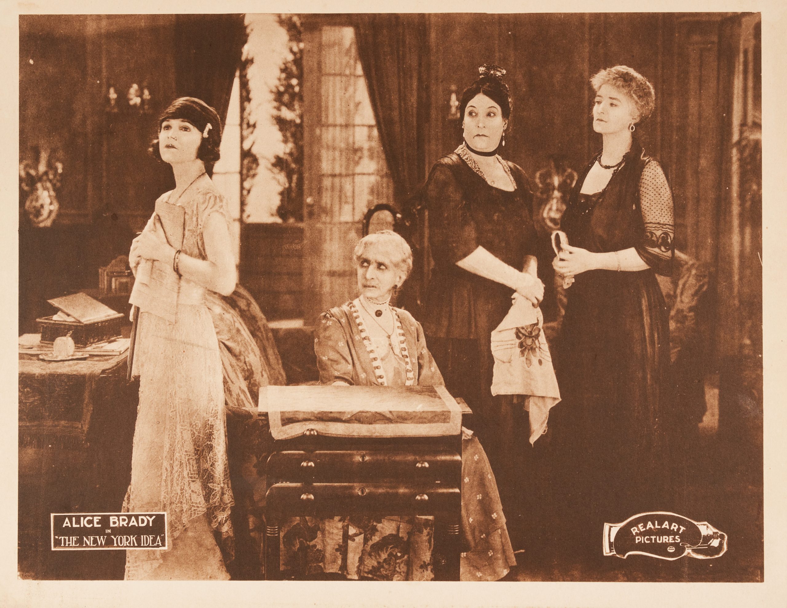 A sepia lobby card featuring three older women giving judgemental looks at a proud-looking woman.