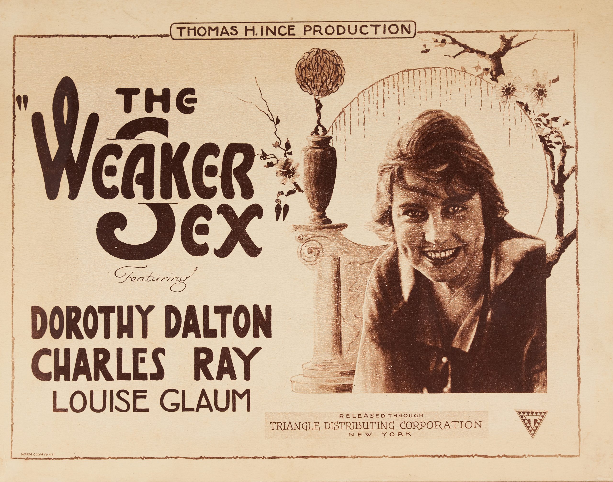 A sepia-toned lobby card featuring a smiling woman gazing at the viewer in front of a floral motif.