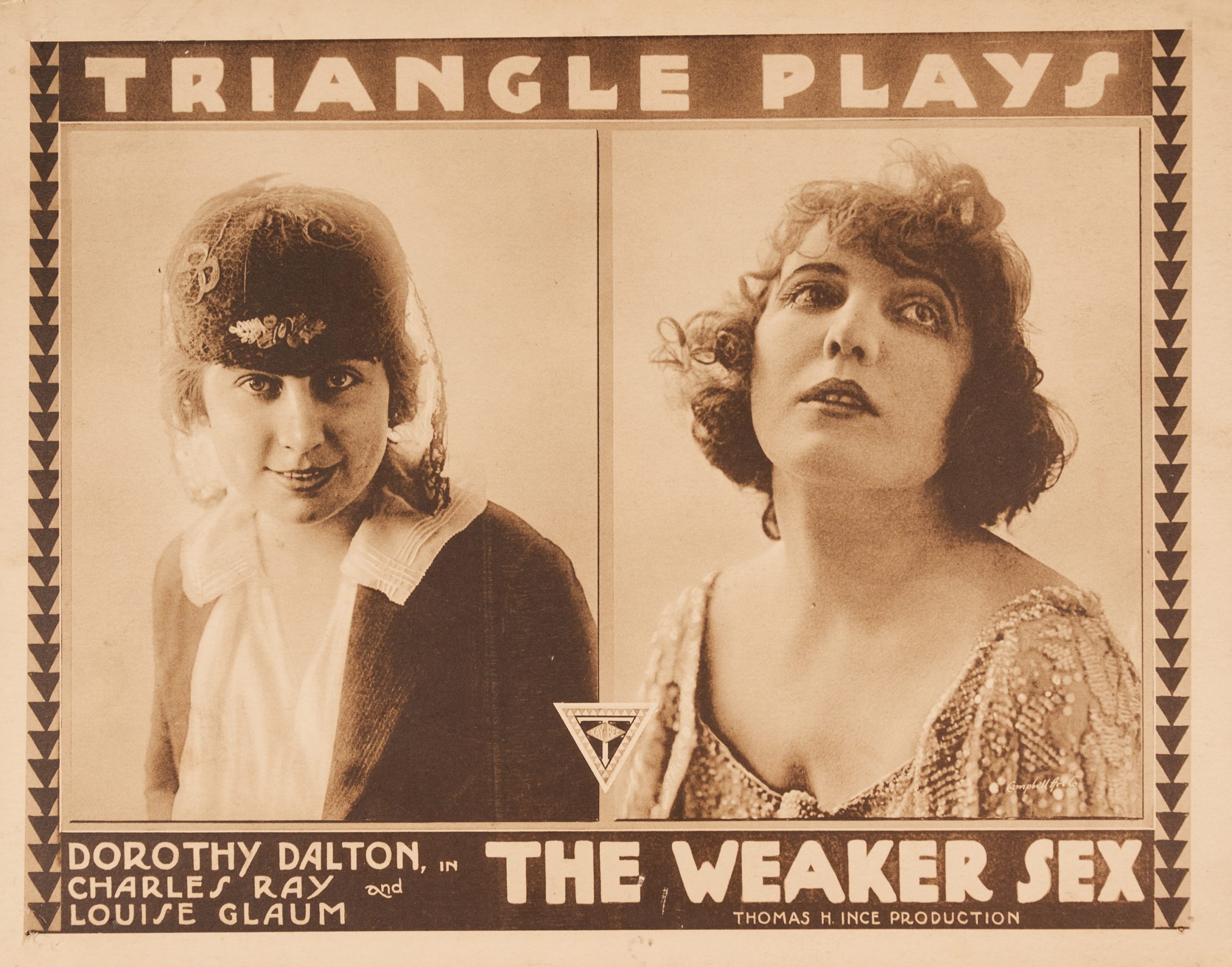A sepia-toned lobby card with a modestly dressed woman on the left and a 