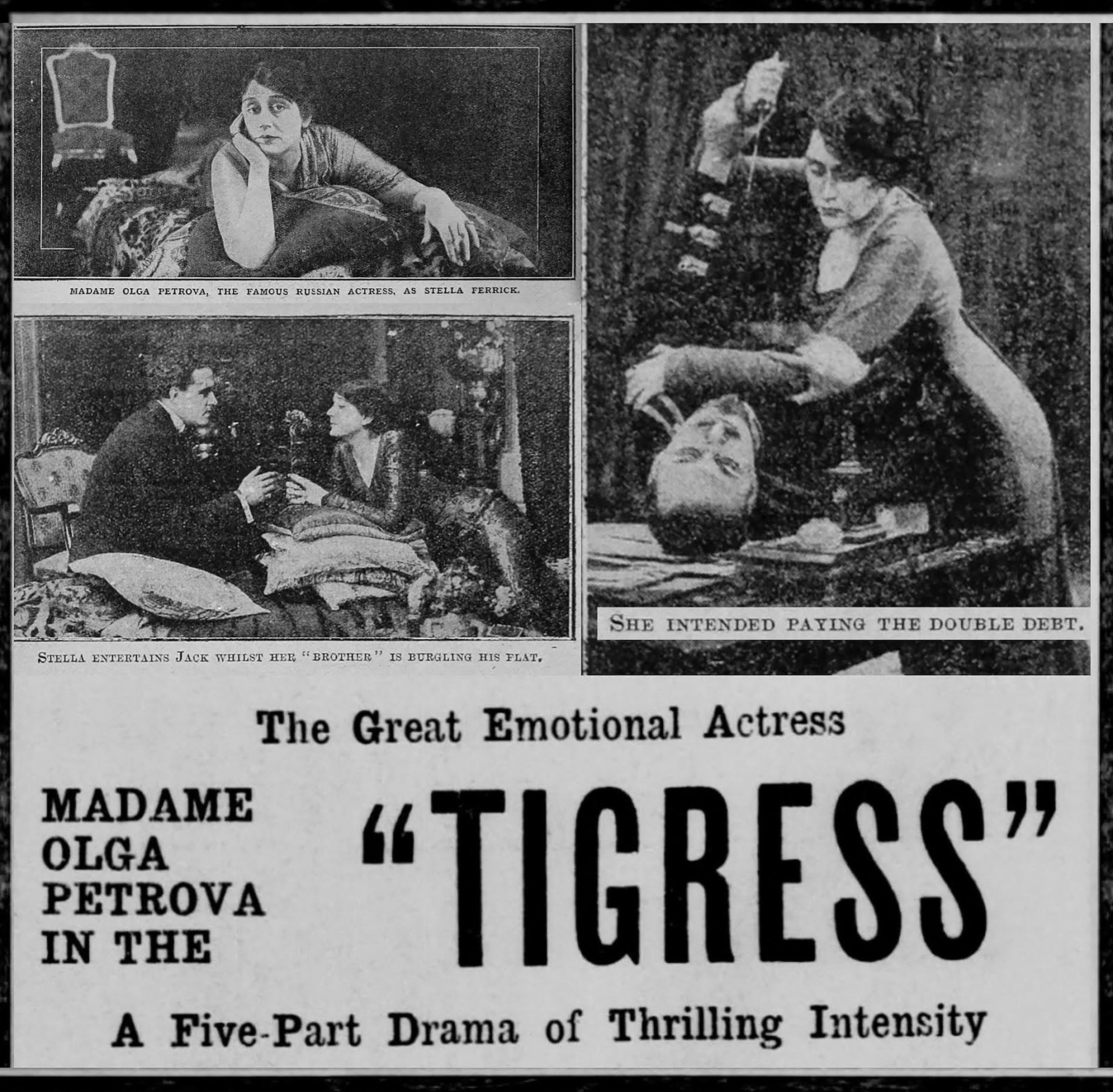 Advertisement with three film stills featuring its main characters. One shows a woman trying to cut off the head of a man with a knife.