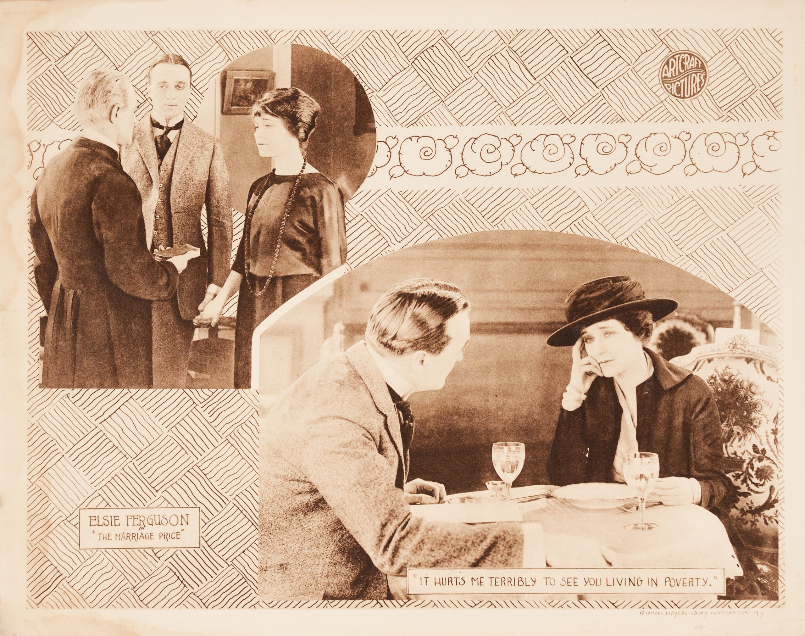 A sepia-toned lobby card featuring film scenes amid illustrational, decorative motifs.