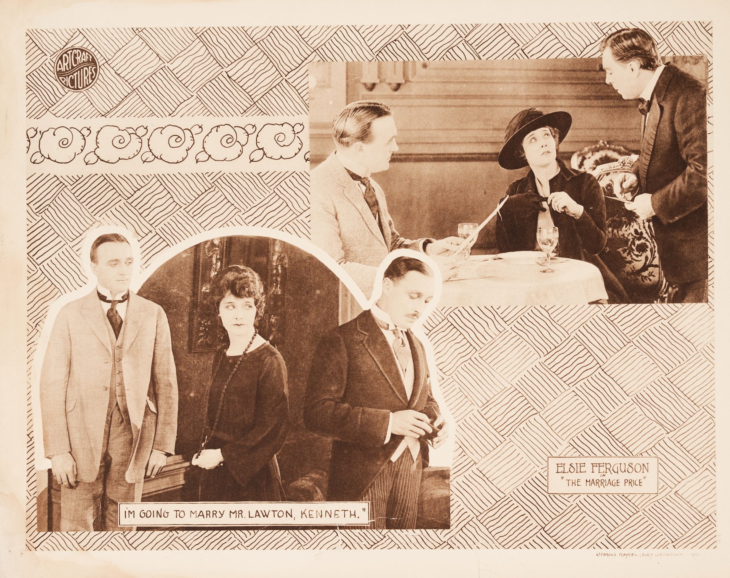 A sepia-toned lobby card featuring film scenes amid illustrational, decorative motifs.