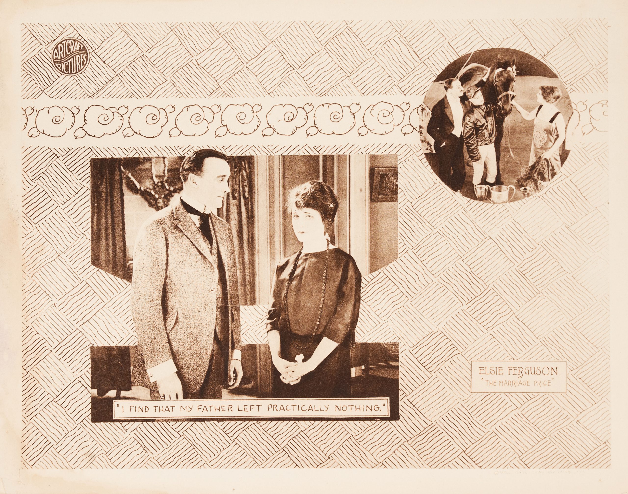 A sepia-toned lobby card featuring film scenes amid illustrational, decorative motifs.