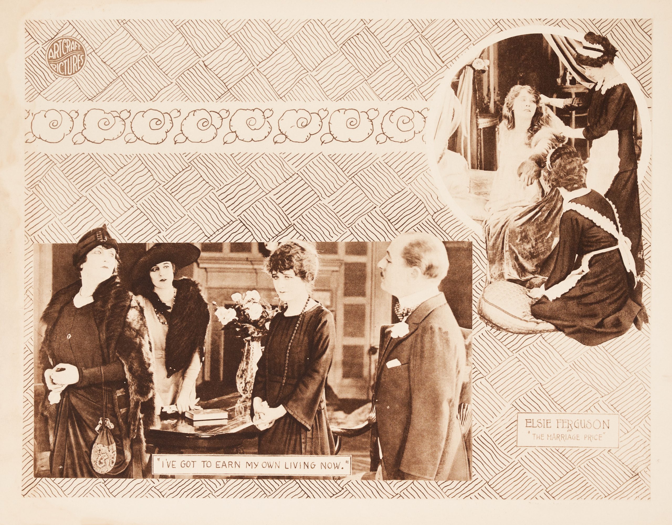 A sepia-toned lobby card featuring film scenes amid illustrational, decorative motifs.
