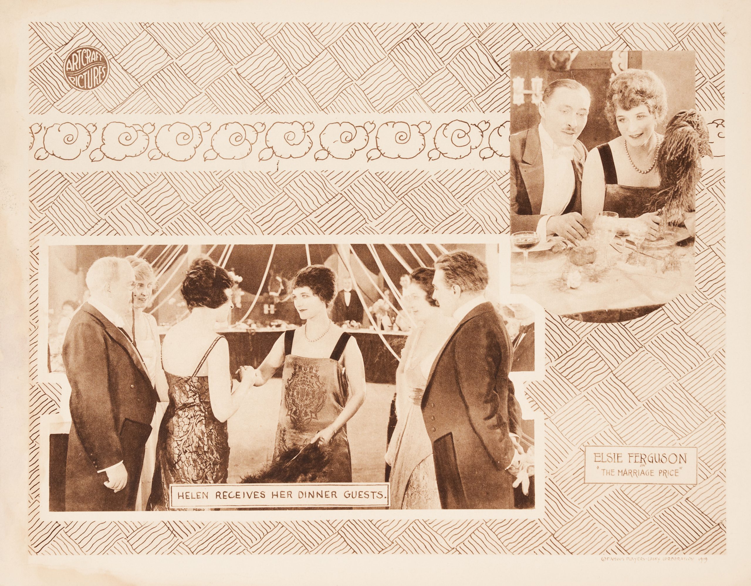 A sepia-toned lobby card featuring film scenes amid illustrational, decorative motifs.