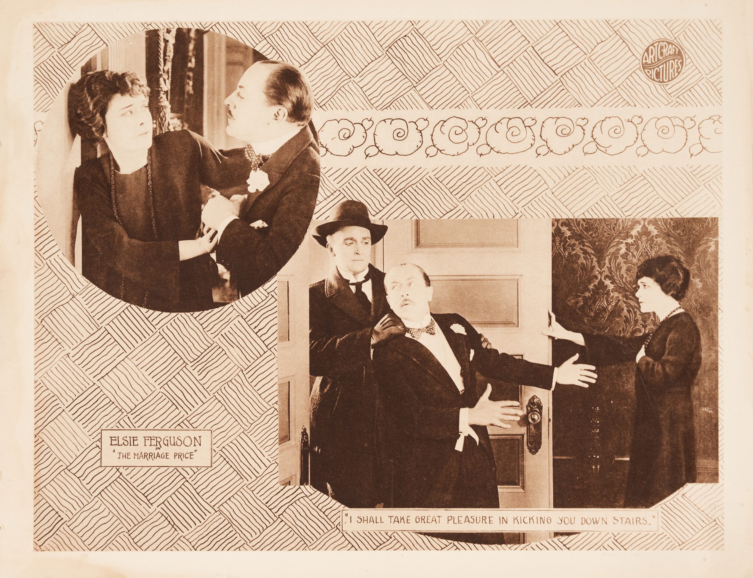 A sepia-toned lobby card featuring film scenes amid illustrational, decorative motifs.
