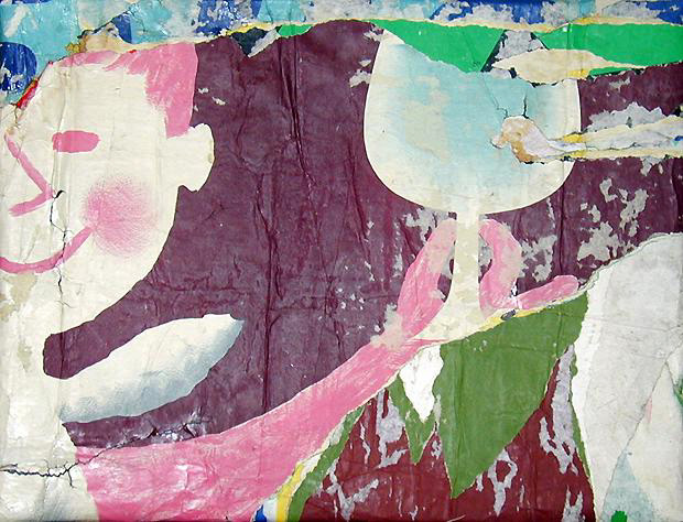 A collaged canvas featuring weathered posters, one of which holds up a glass of water.