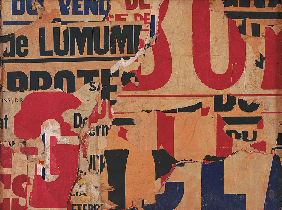 A collaged canvas featuring various ripped posters of mismatched text.