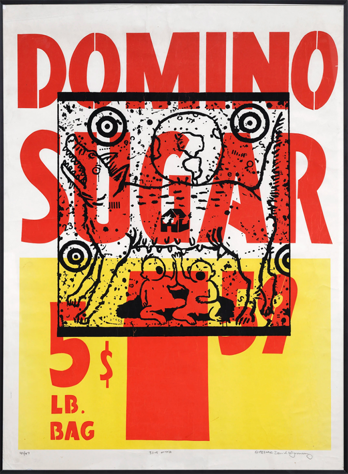 A silkscreen supermarket poster stamped with two babies trying to nurse from a wolf.A silkscreen supermarket poster stamped with two babies trying to nurse from a wolf.