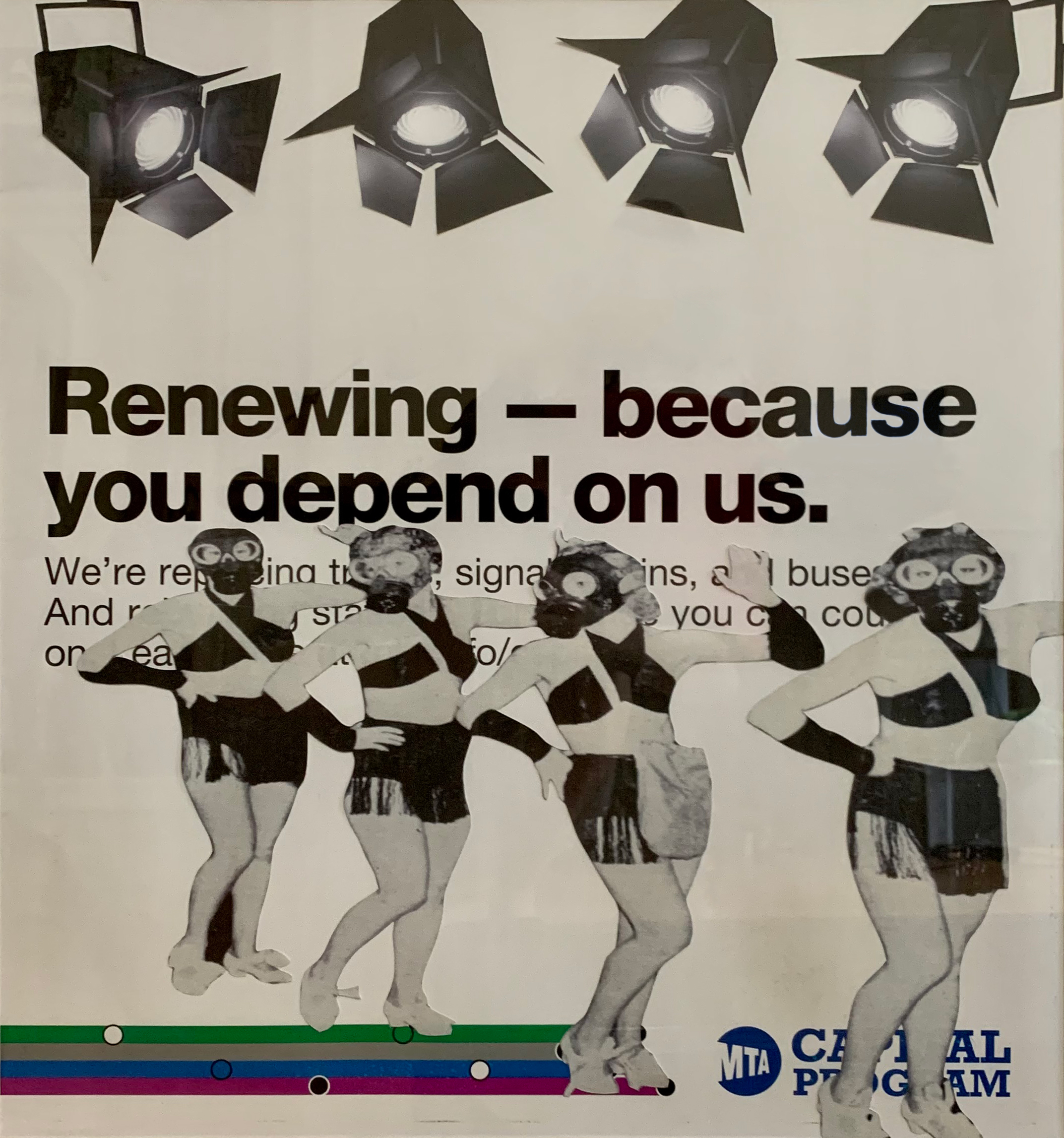 A mixed-media poster of dancers wearing gas masks on stage with transit text behind them.