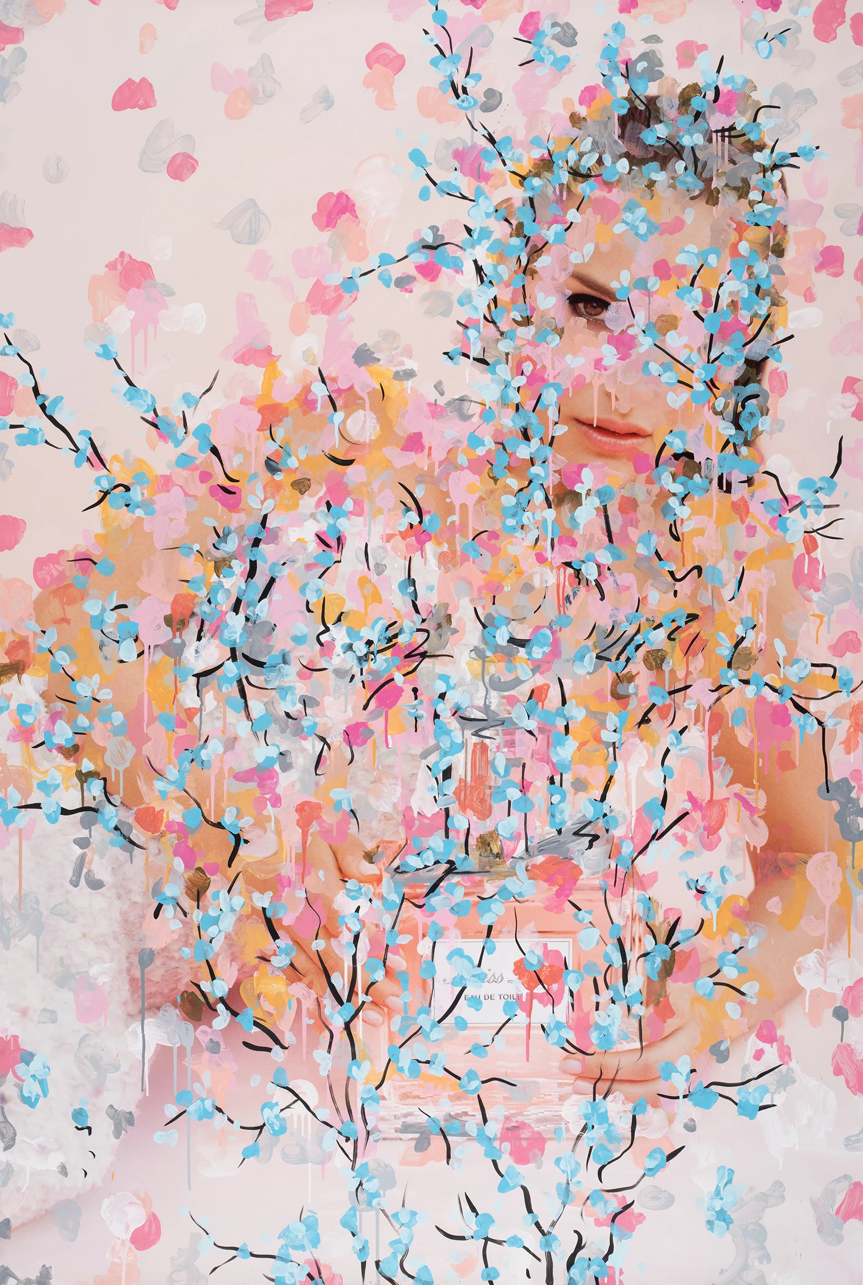A photo-offset poster of Natalie Portman advertising perfume, obscured by painted flowers.