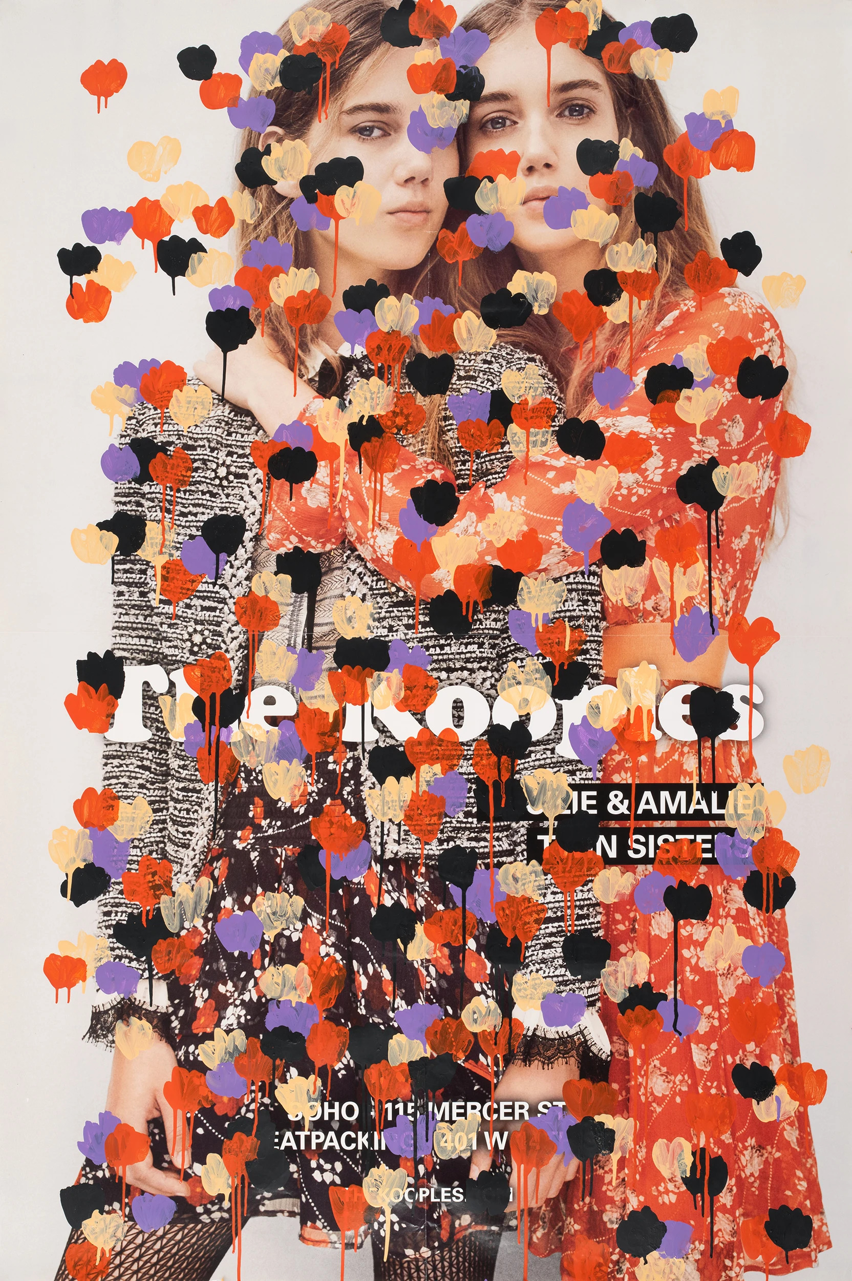 A photo-offset poster of 2 models advertising clothes, obscured by painted dripping dots.