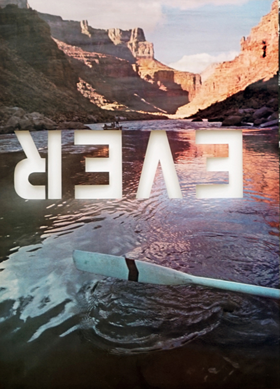 A photo-offset poster depicting text overlaying a mountain range with flowing water.