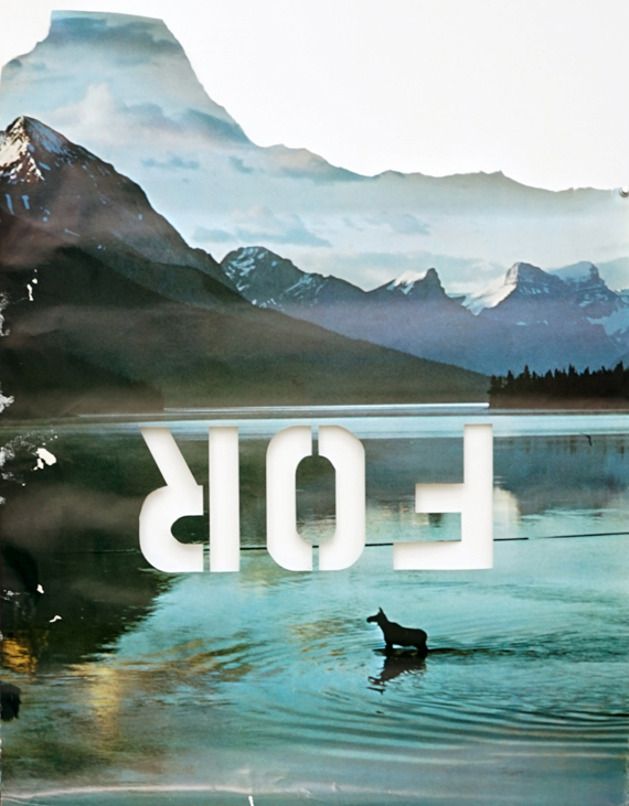 A photo-offset poster depicting text overlaying a mountain scene and a body of water.