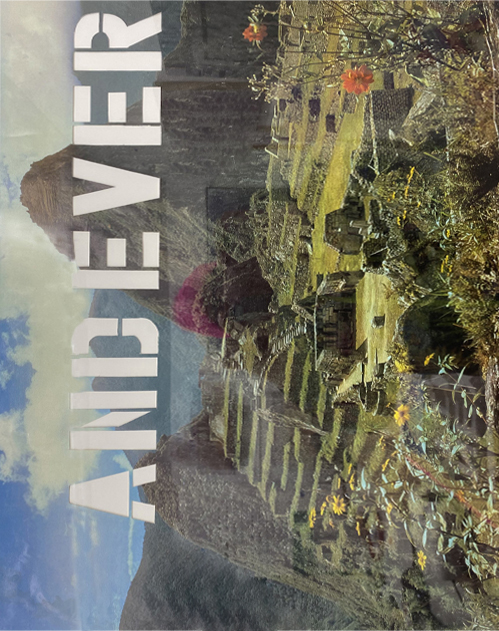 A photo-offset poster depicting text overlaying ruins on a mountain.
